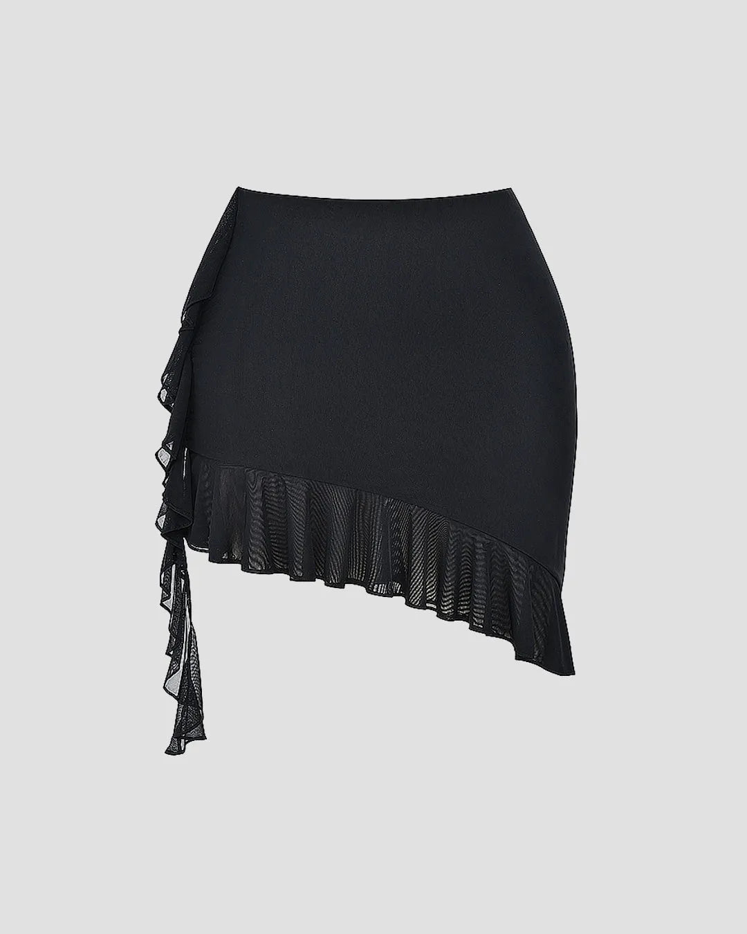 Mesh Ruffle Short Sleeve Black Top And Mini Skirt Set
