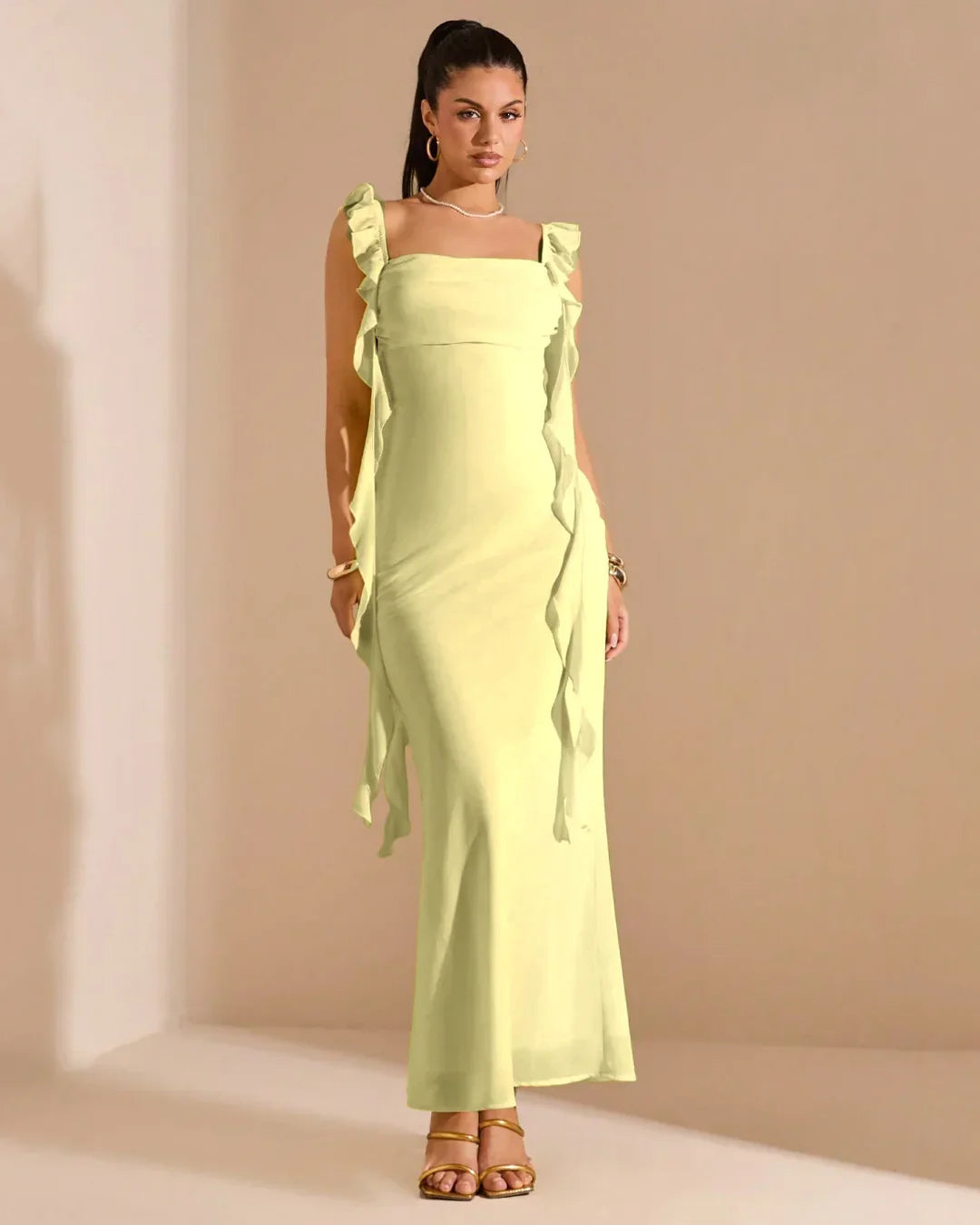 Mesh Ruffle Vanilla Maxi Dress