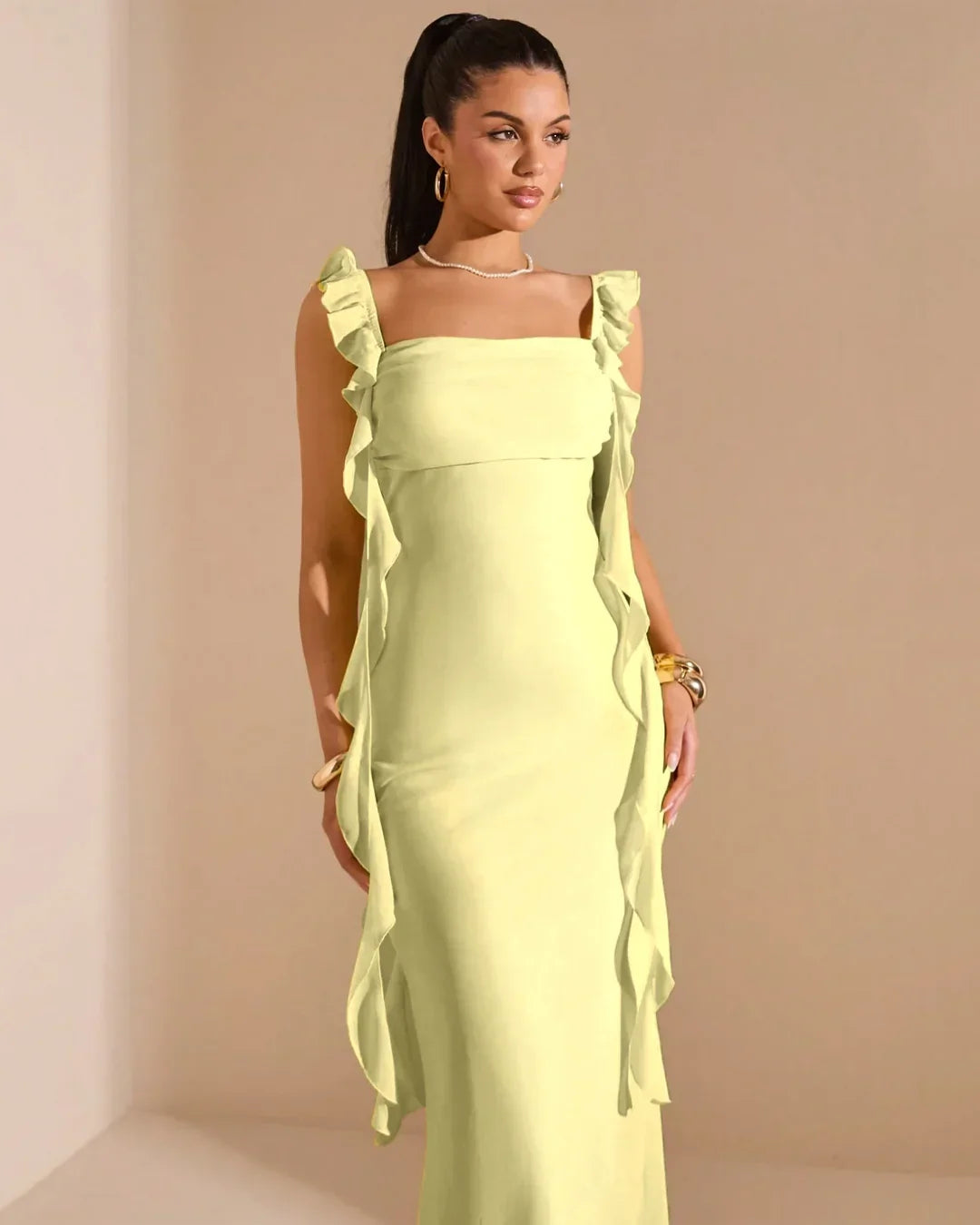 Mesh Ruffle Vanilla Maxi Dress