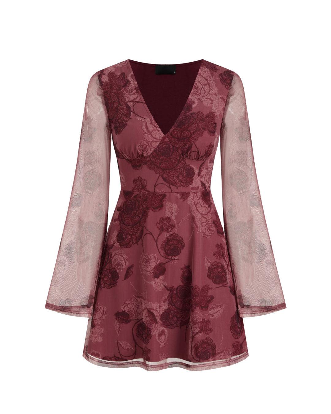 Mesh V-Neck Floral Ruffle Mini Dress