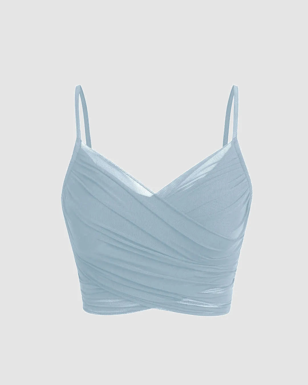 Mesh V-Neck Ruched Strappy Dusty Blue Crop Top