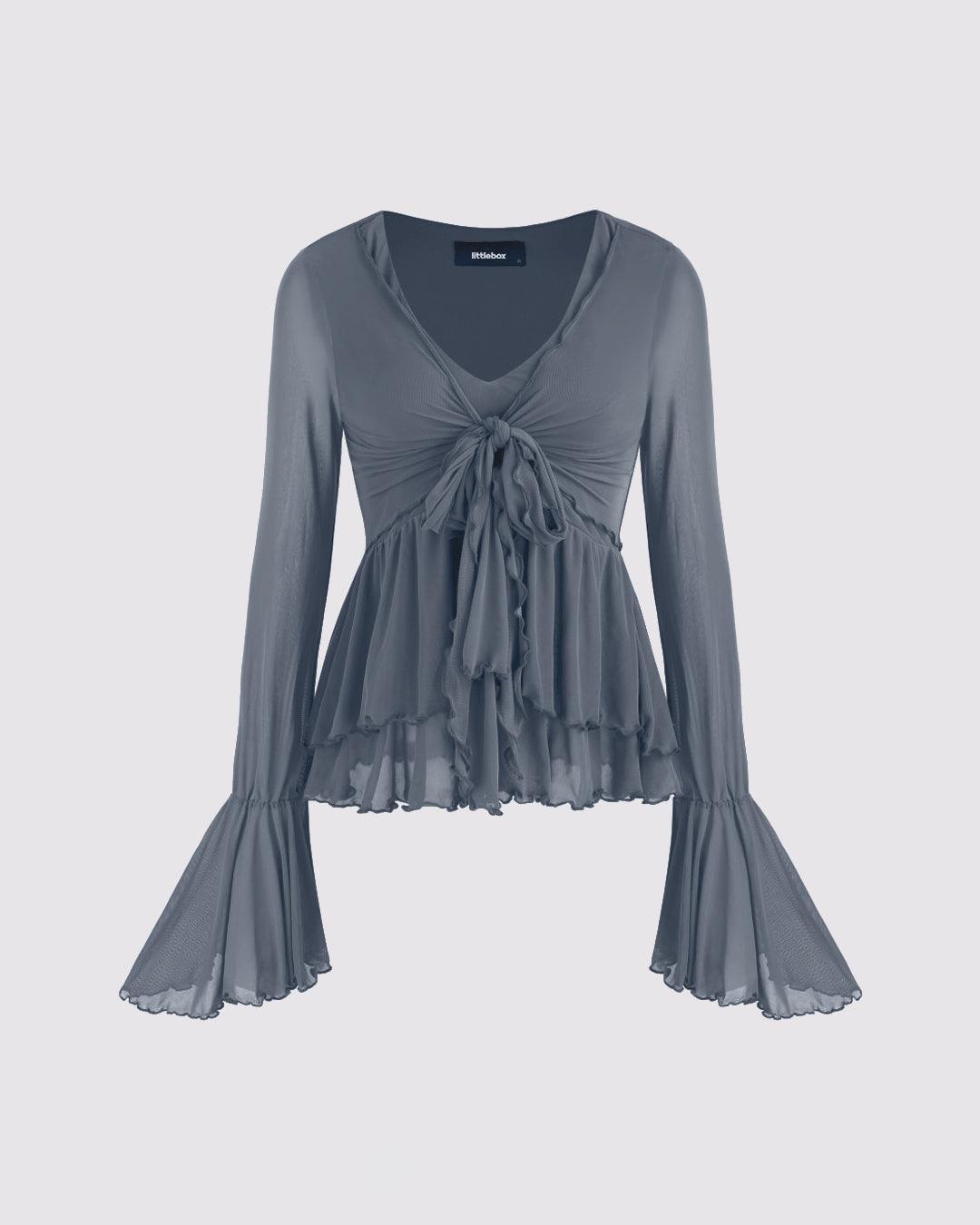 Mesh V-neck Ruffle Bell Sleeve Grey Top