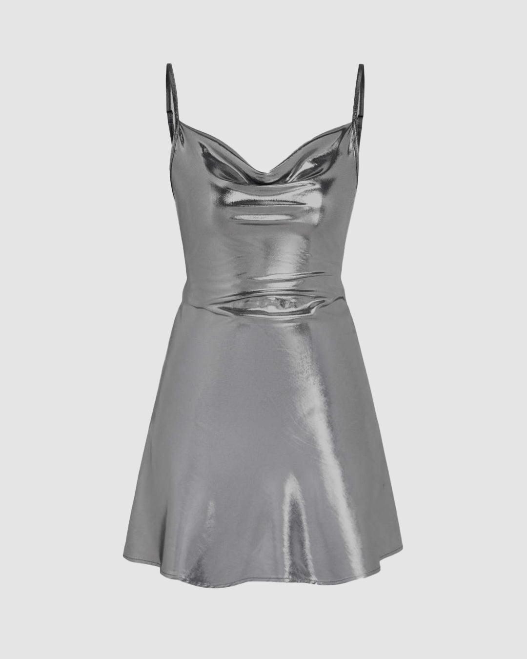Metallic Cowl Neck Mini Dress