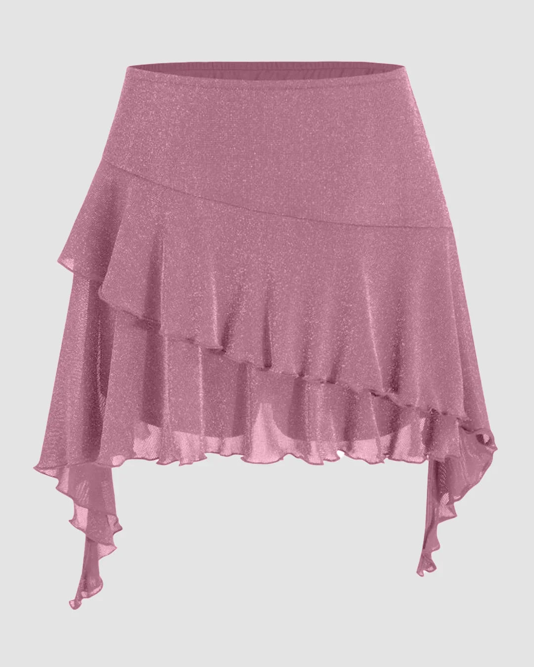 Mid Rise Glitter Ruffled Hem Layered Mini Skirt in Pink
