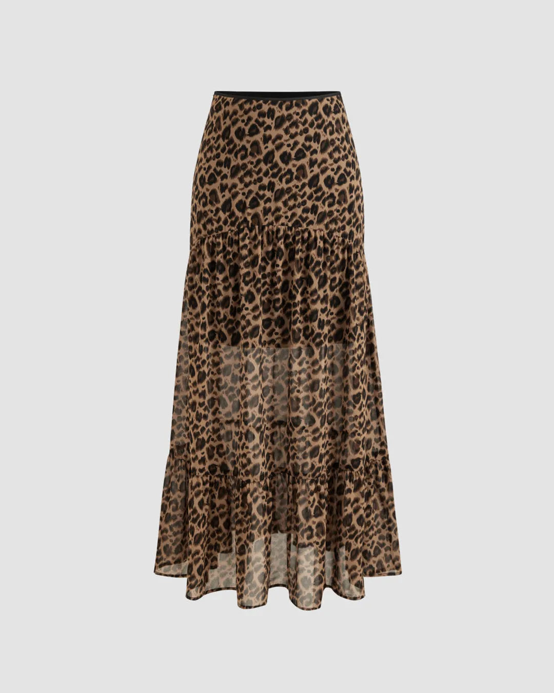 Mid Rise Leopard Ruffle Maxi Skirt