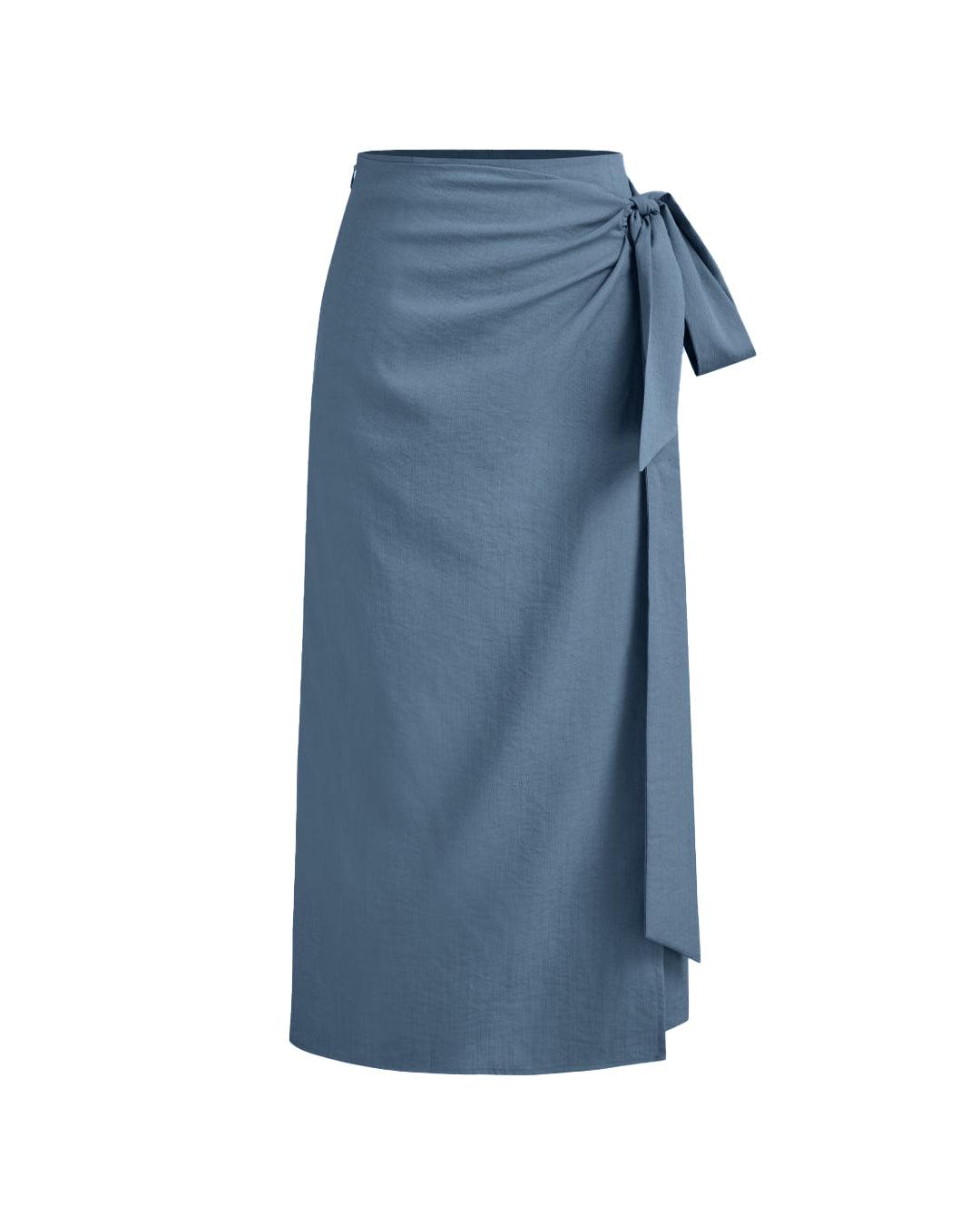 Mid Rise Solid Knotted Blue Maxi Skirt