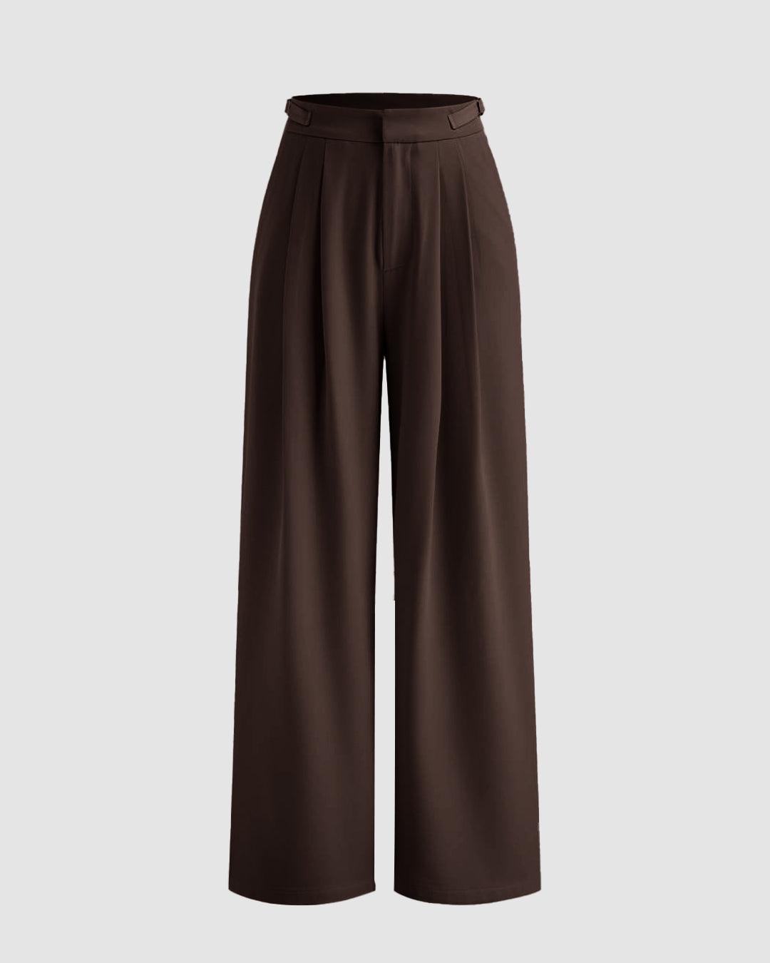 Mid Rise Solid Pleated Belted Straight Leg Trousers In Coco Brown