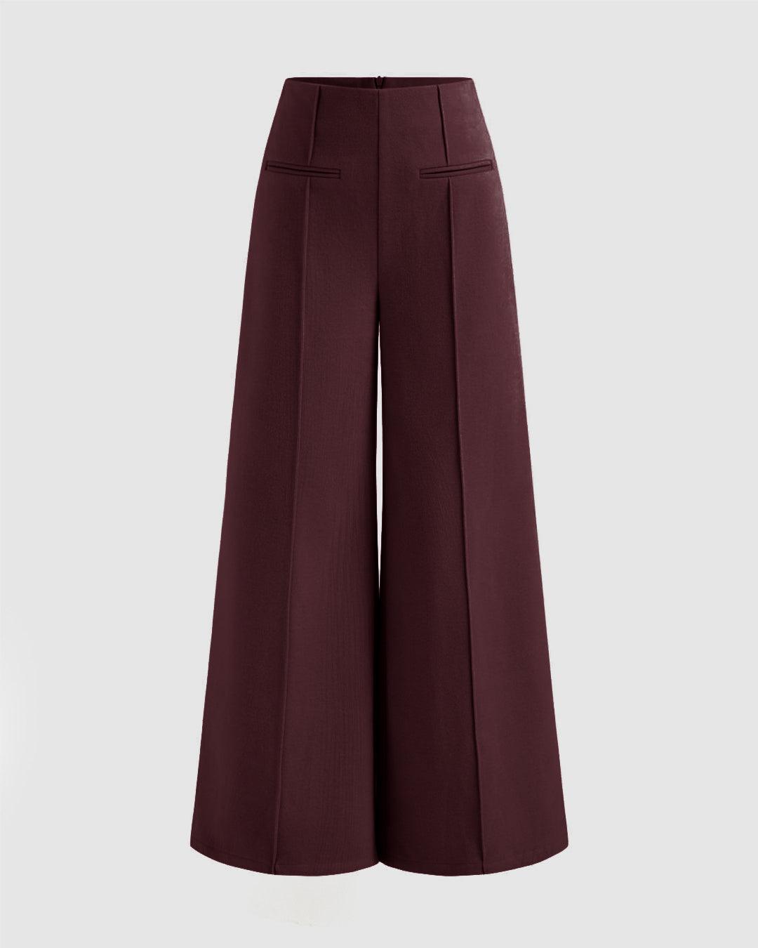 Mid Rise Solid Wide Leg Trousers In Wine