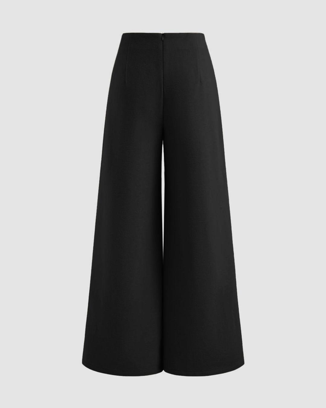 Mid Rise Solid Wide Leg Trousers In Black