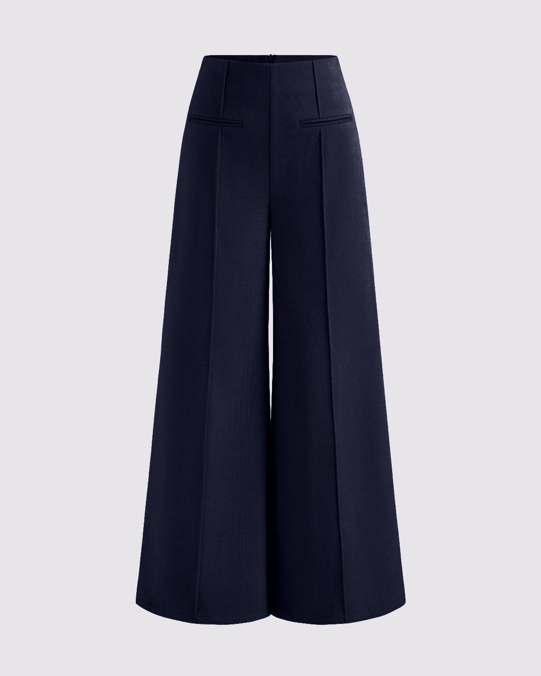 Mid Rise Solid Wide Leg Trousers In Navy Blue