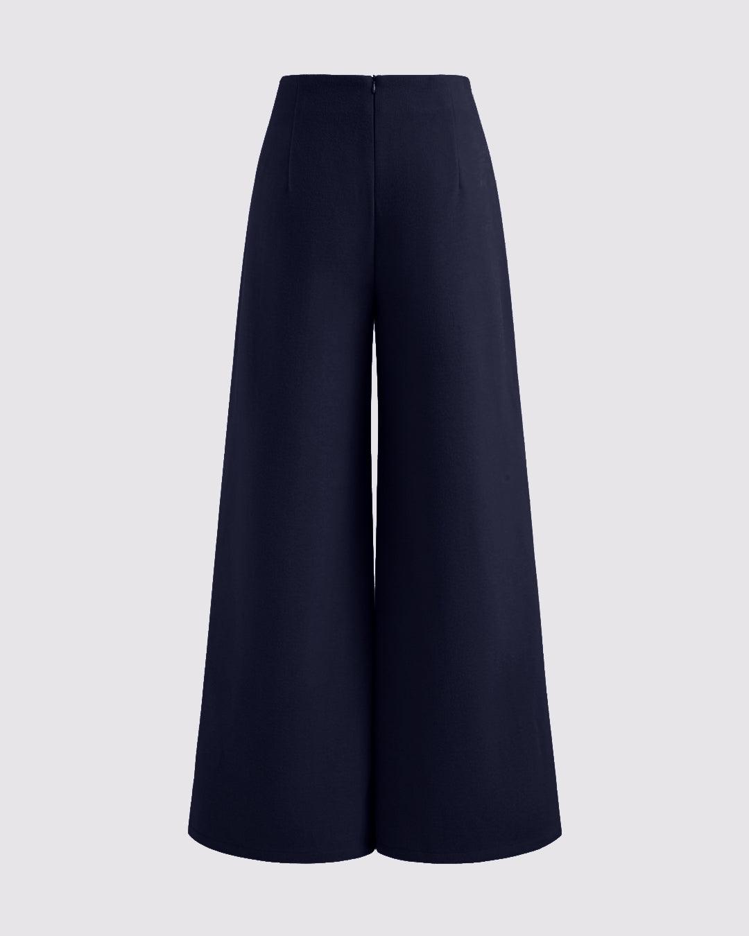 Mid Rise Solid Wide Leg Trousers In Navy Blue