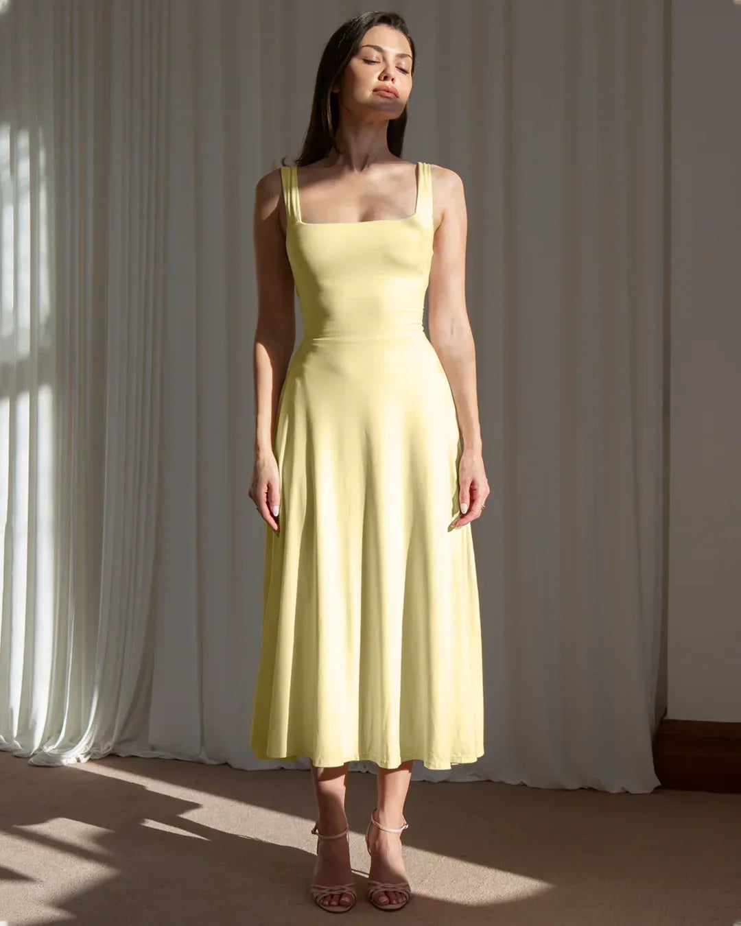 Minimal Fit and Flare Vanilla Midi Dress