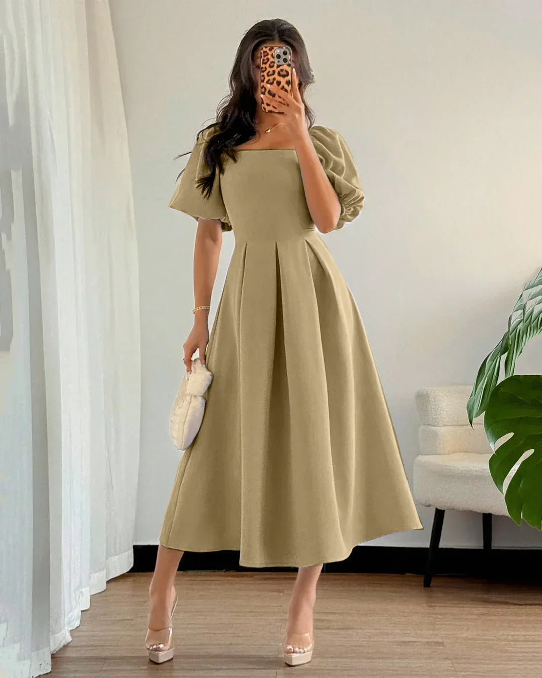 Minimalist Pleated Hem A Line Puff Sleeves Midi Dress in Mud