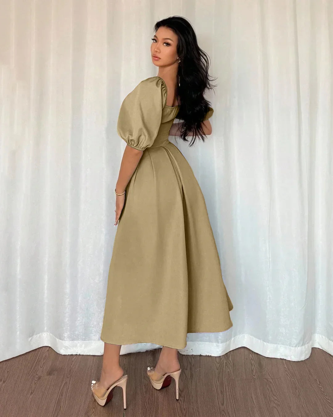 Minimalist Pleated Hem A Line Puff Sleeves Midi Dress in Mud