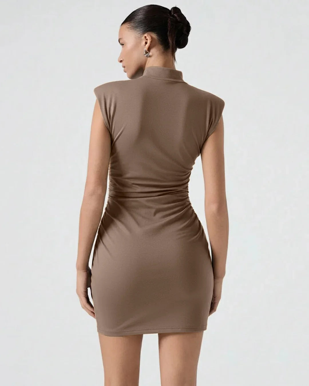 Mock Neck Bodycon Straight Hem Solid Cap Sleeve Mini Dress in Brown