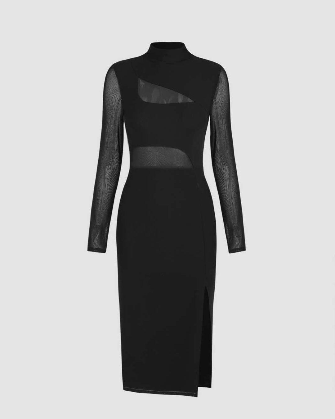 Mock Neck Tulle Midi Dress With Sheer Slit Black