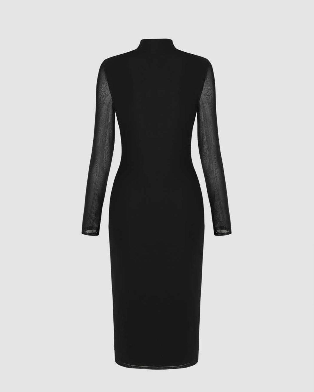 Mock Neck Tulle Midi Dress With Sheer Slit Black