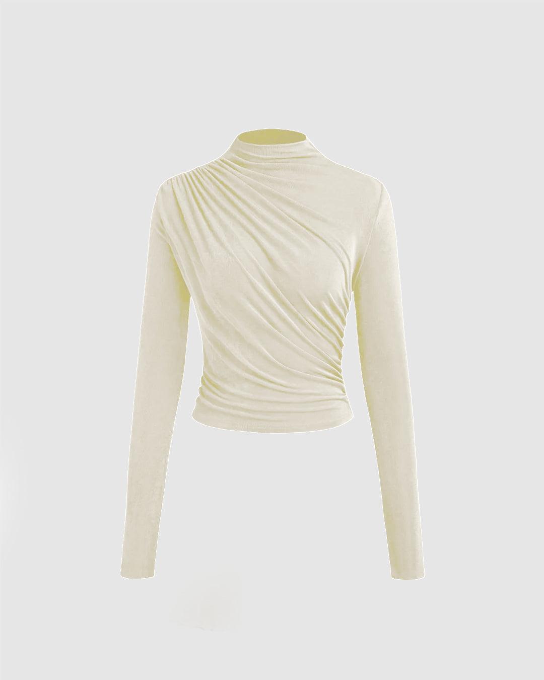 Modely Mock Neck Ruched Long Sleeve Off-White Top