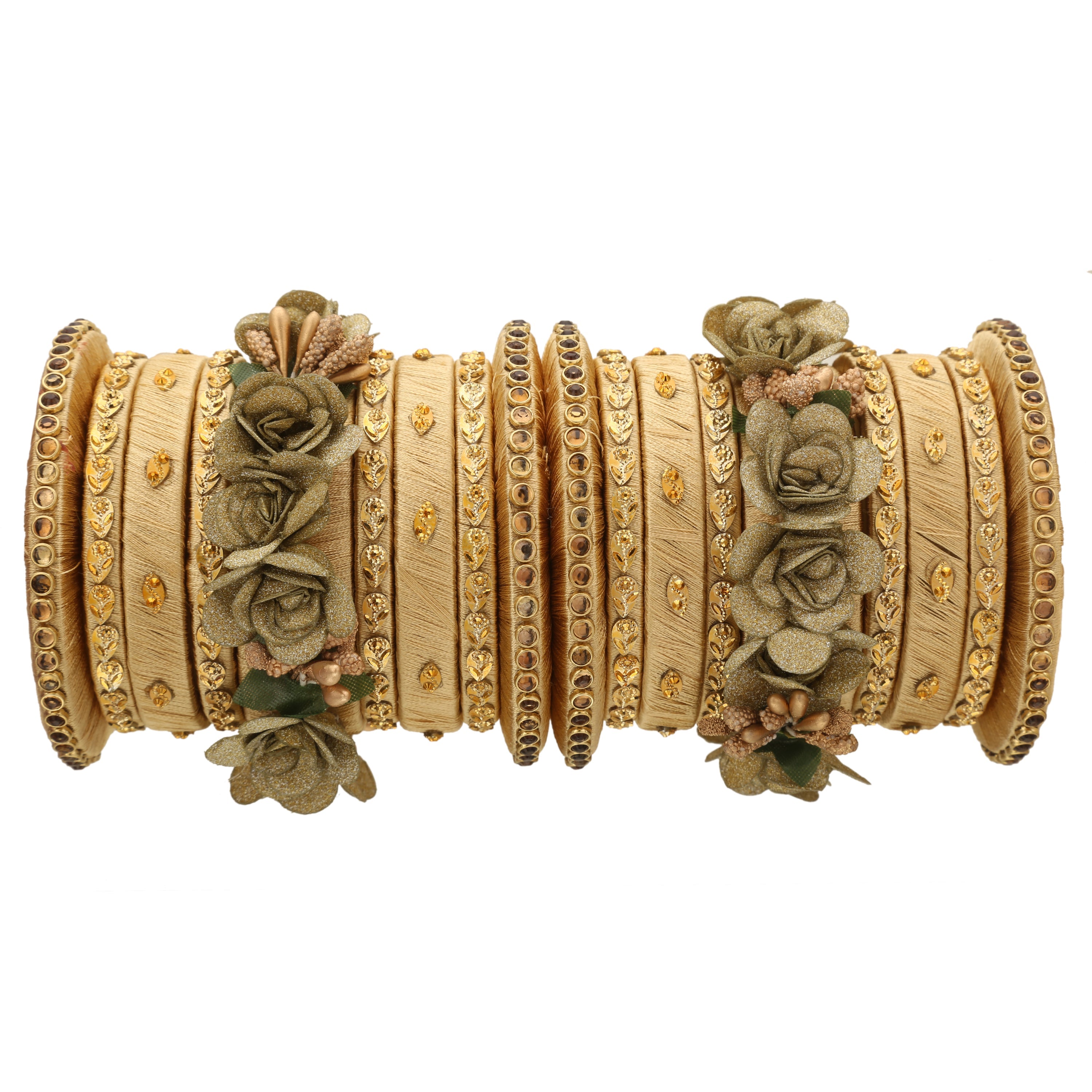 Sukriti Stylish Handmade Gold Flower Designer Silk thread Plastic Bridal Chuda Wedding Bangles for Women – Set of 18
