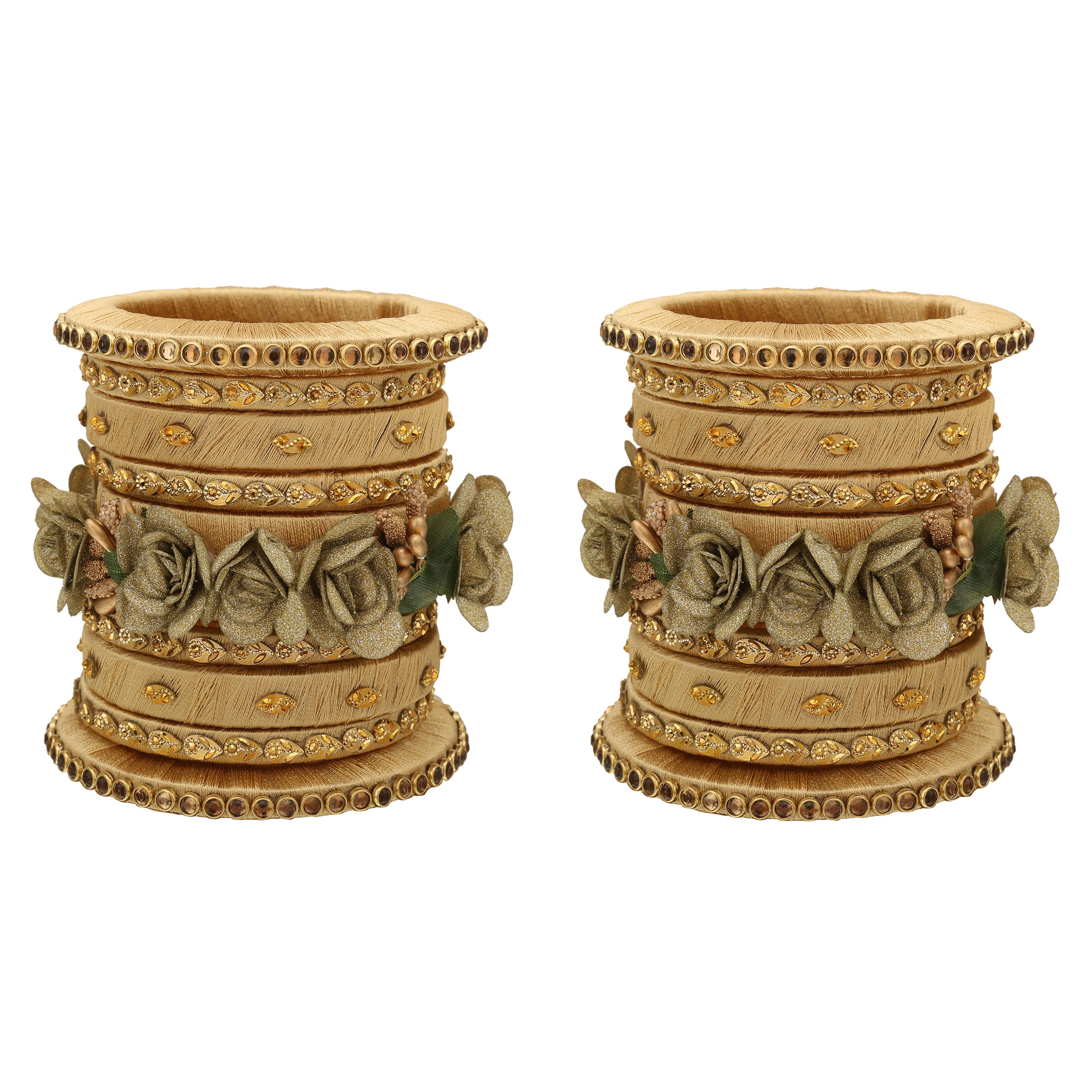 Sukriti Stylish Handmade Gold Flower Designer Silk thread Plastic Bridal Chuda Wedding Bangles for Women – Set of 18
