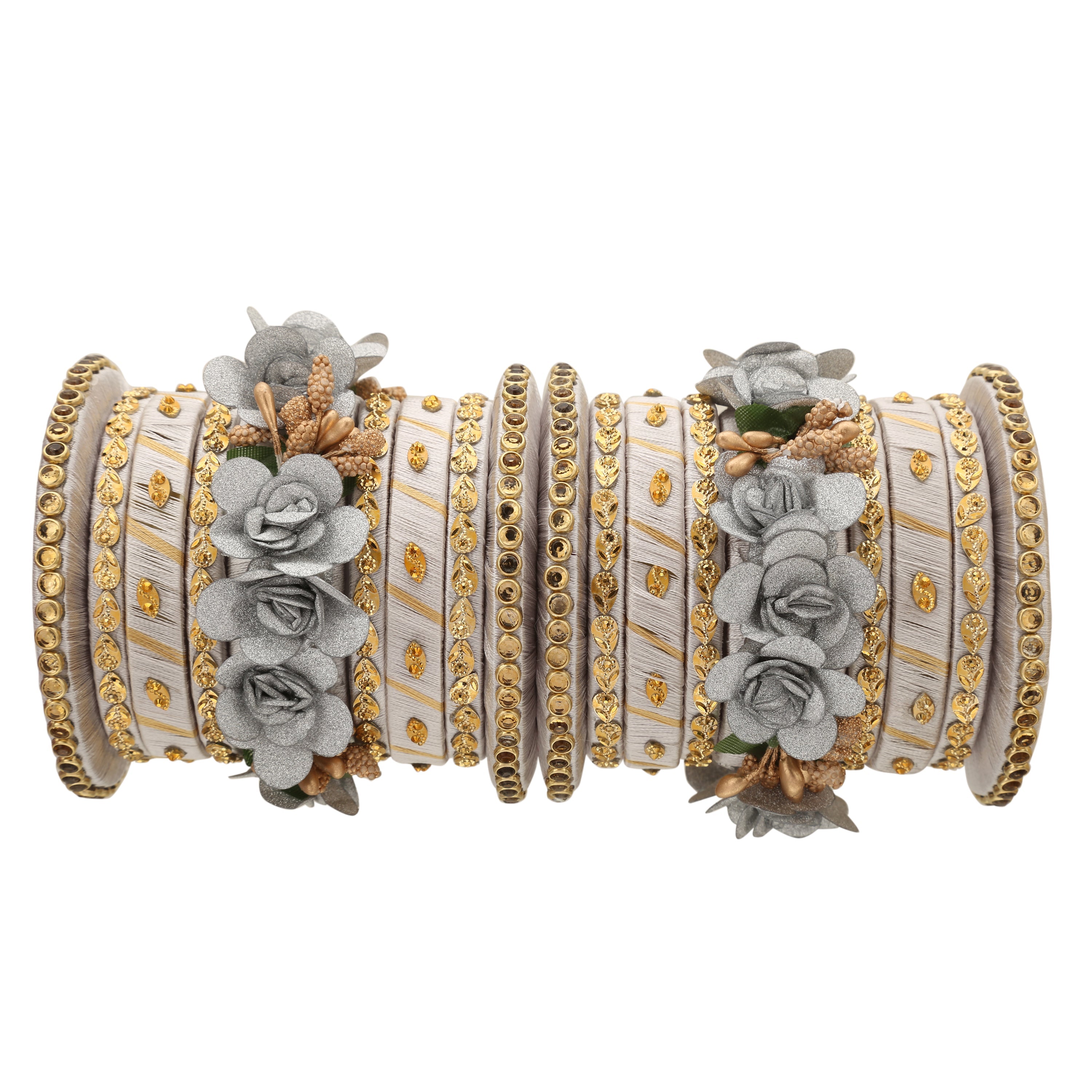 Sukriti Stylish Handmade Grey Flower Designer Silk thread Plastic Bridal Chuda Wedding Bangles for Women – Set of 18
