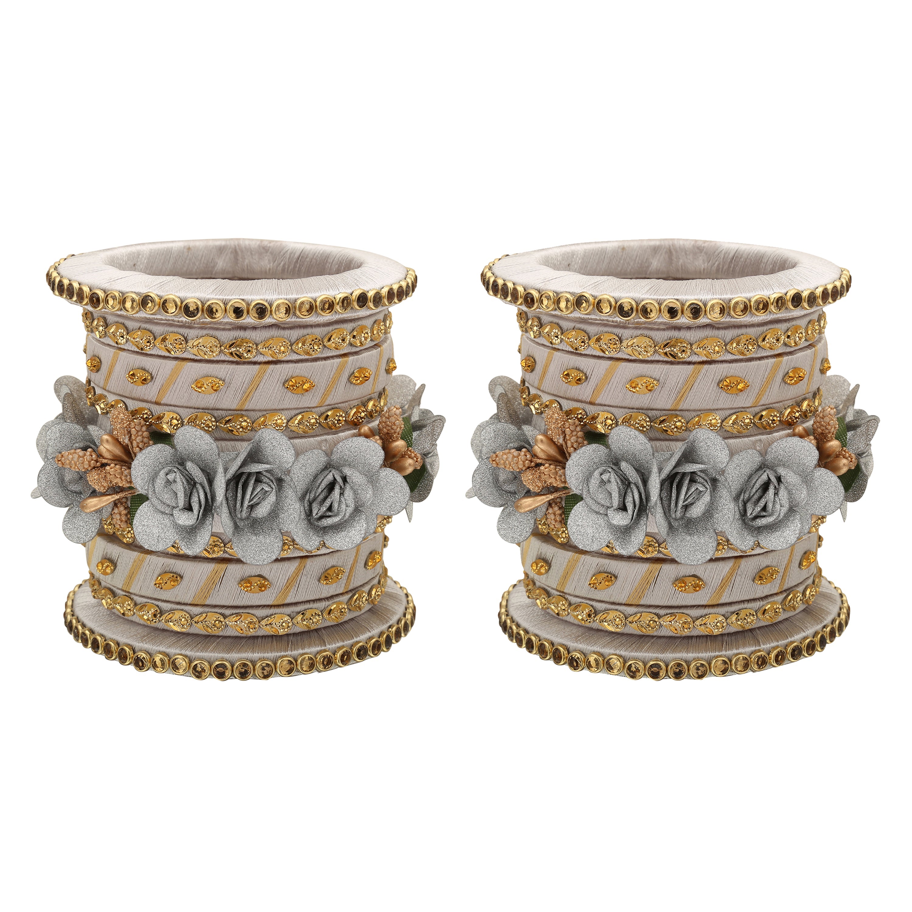 Sukriti Stylish Handmade Grey Flower Designer Silk thread Plastic Bridal Chuda Wedding Bangles for Women – Set of 18