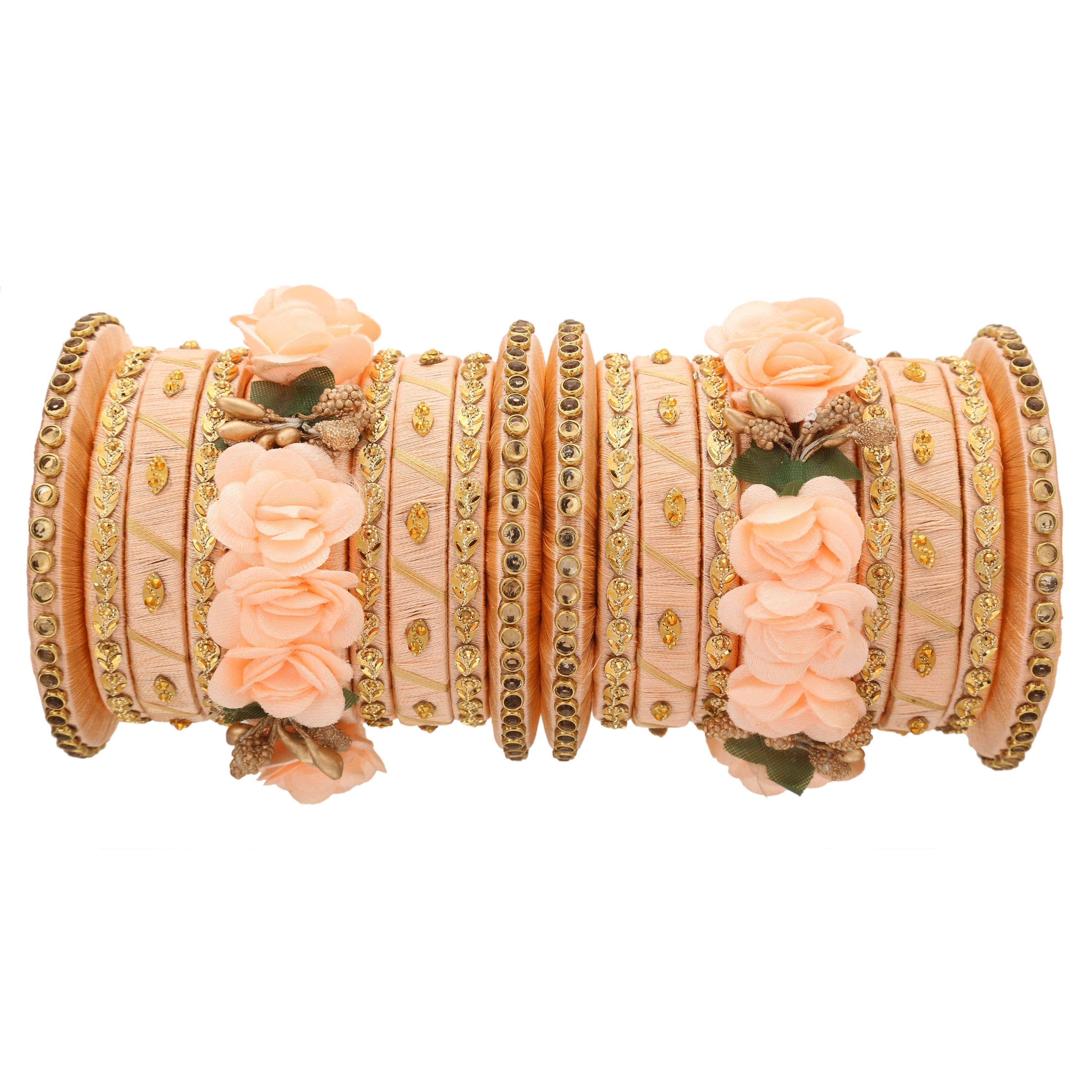 Sukriti Stylish Handmade Peach Flower Designer Silk thread Plastic Bridal Chuda Wedding Bangles for Women – Set of 18
