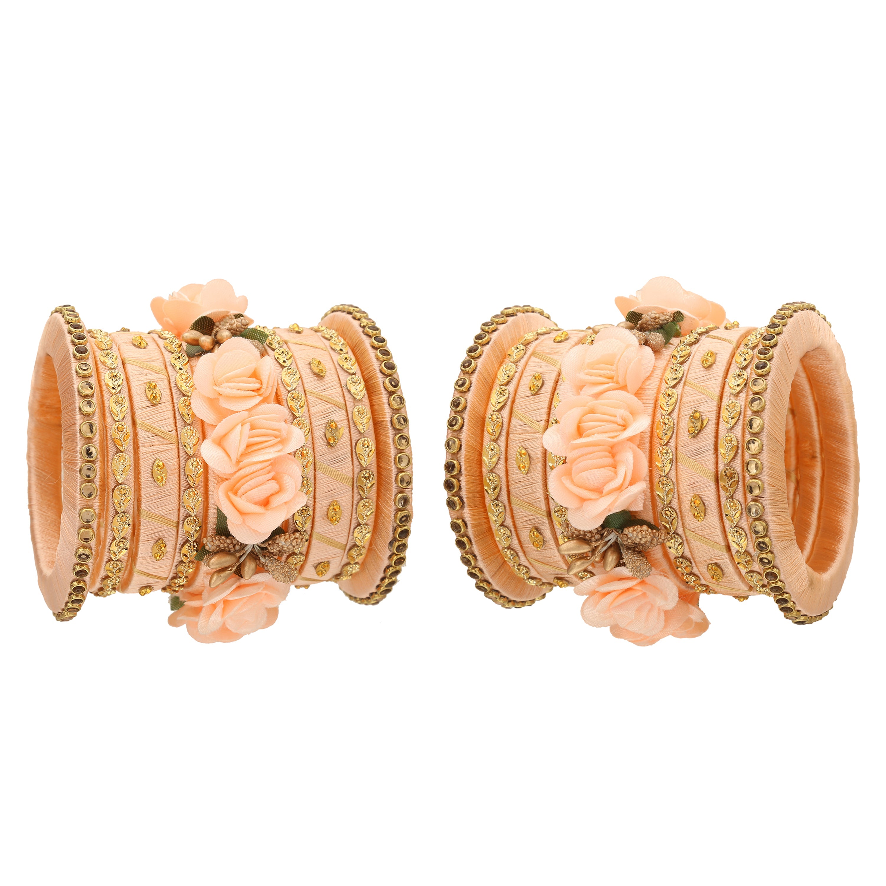 Sukriti Stylish Handmade Peach Flower Designer Silk thread Plastic Bridal Chuda Wedding Bangles for Women – Set of 18