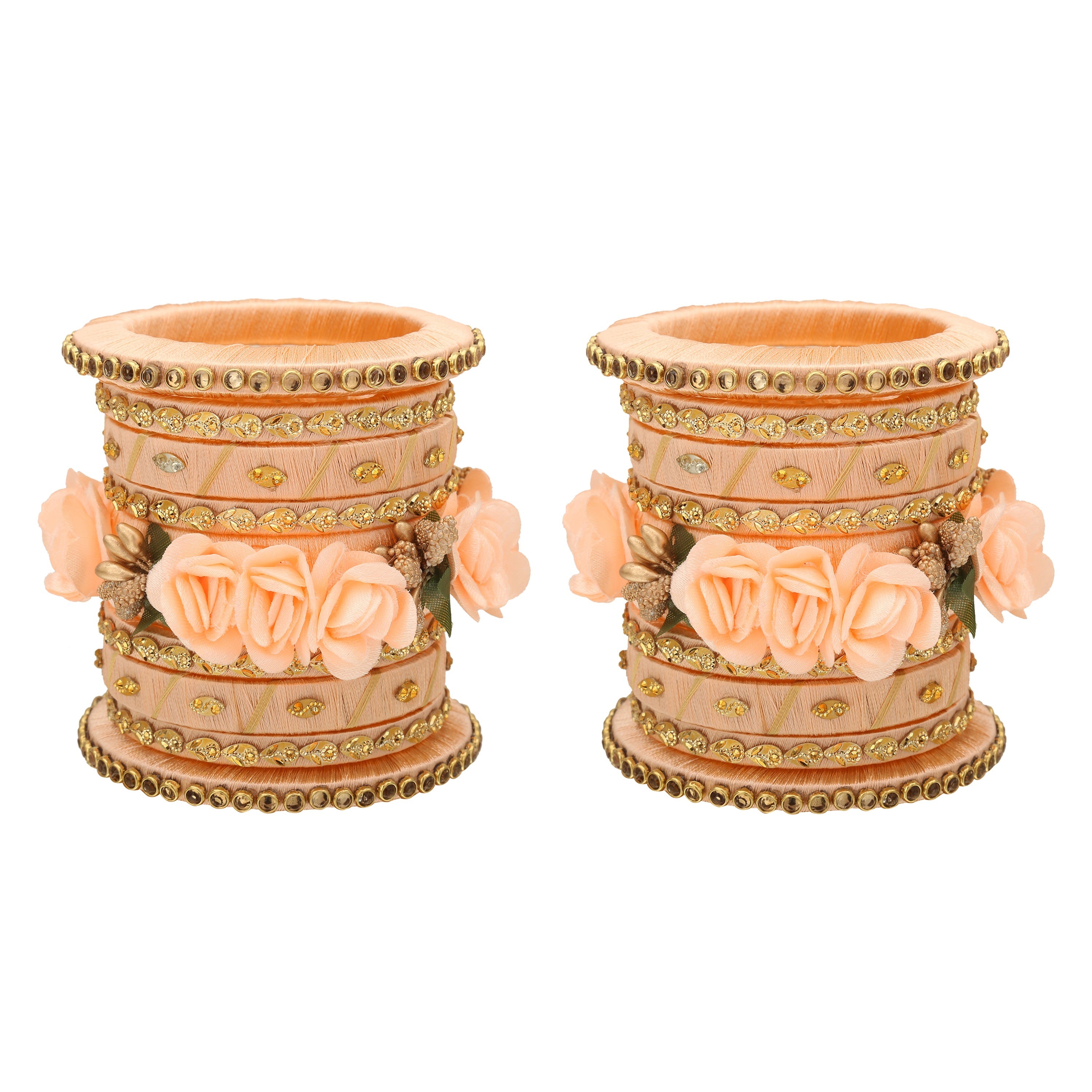 Sukriti Stylish Handmade Peach Flower Designer Silk thread Plastic Bridal Chuda Wedding Bangles for Women – Set of 18