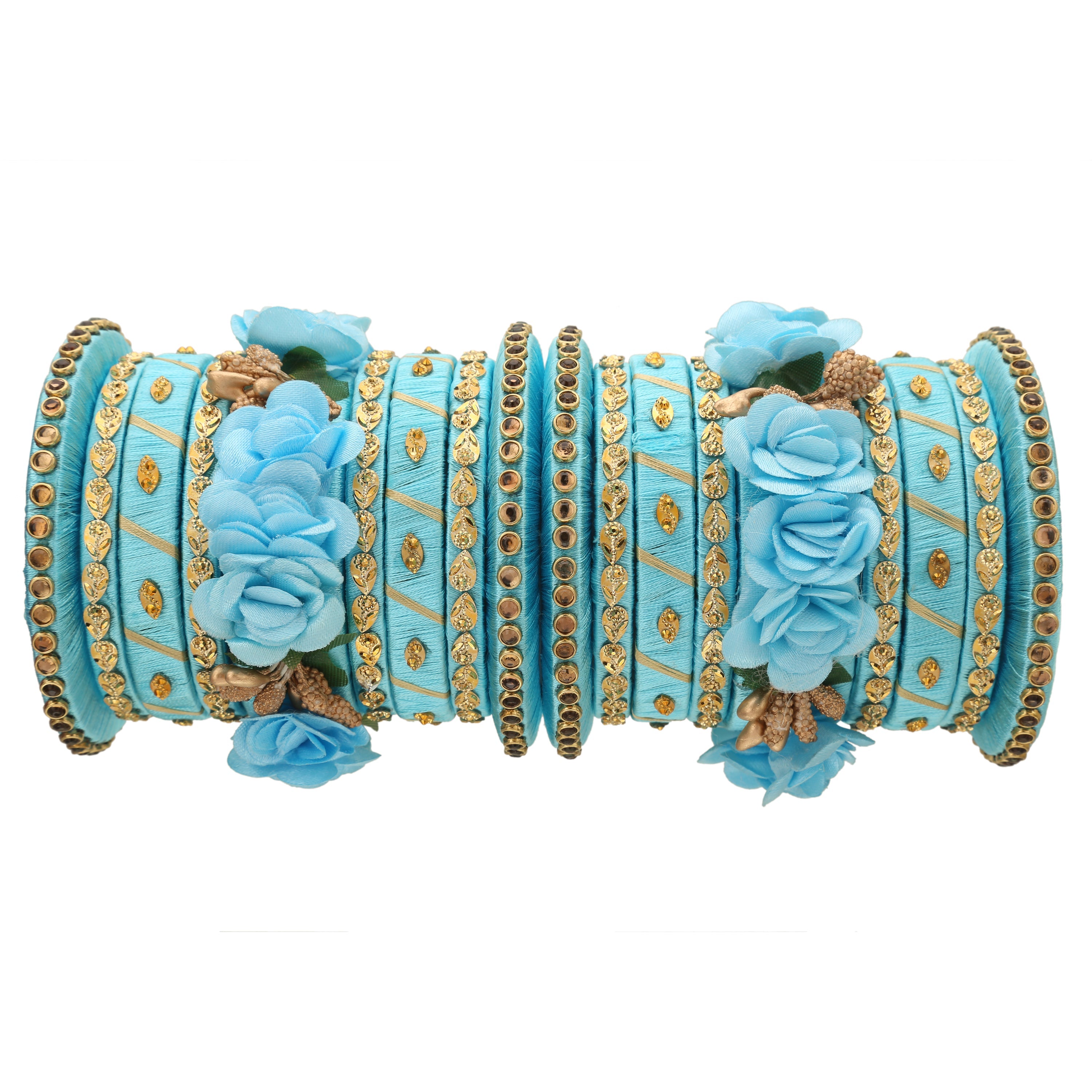 Sukriti Stylish Handmade Sky-blue Flower Designer Silk thread Plastic Bridal Chuda Wedding Bangles for Women – Set of 18