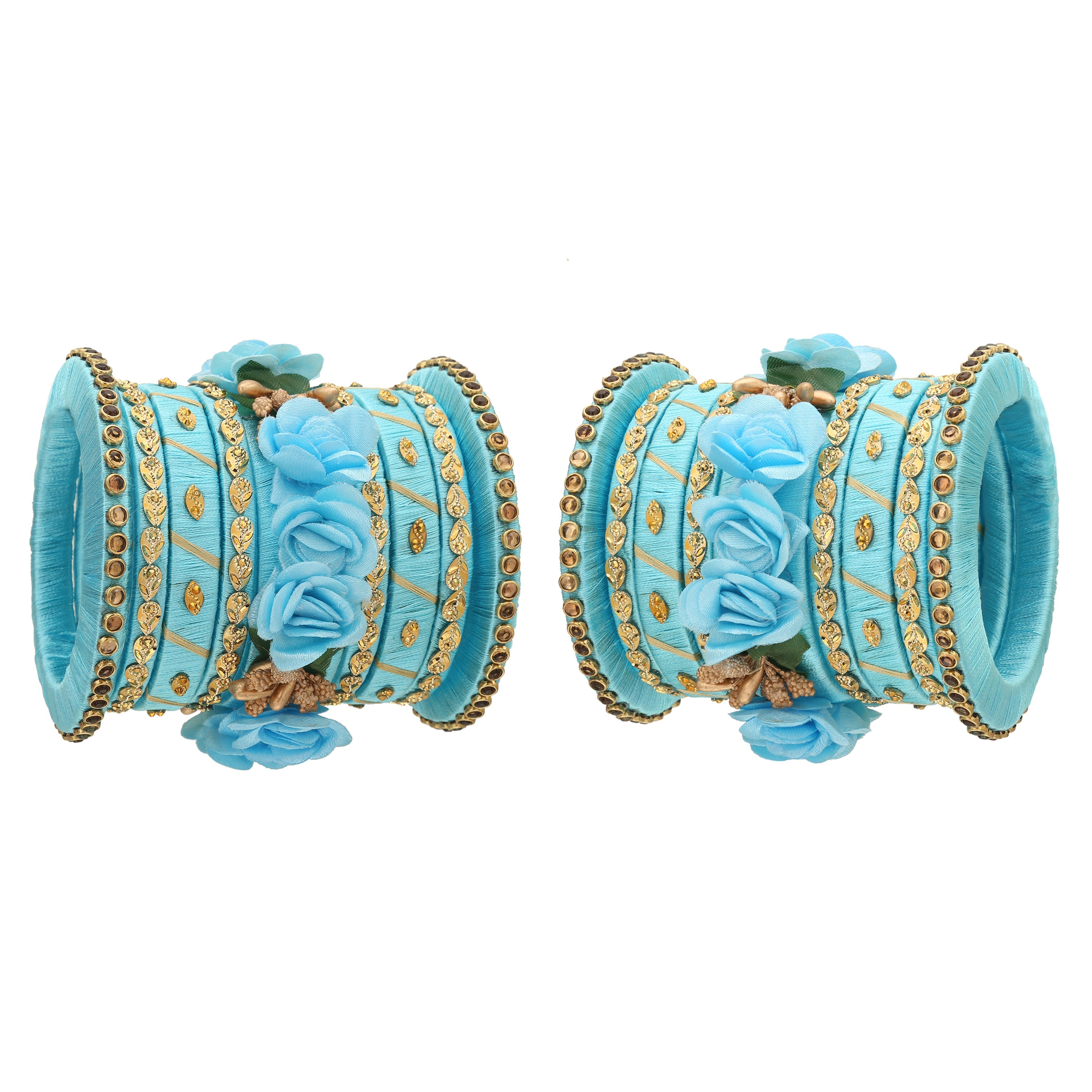 Sukriti Stylish Handmade Sky-blue Flower Designer Silk thread Plastic Bridal Chuda Wedding Bangles for Women – Set of 18