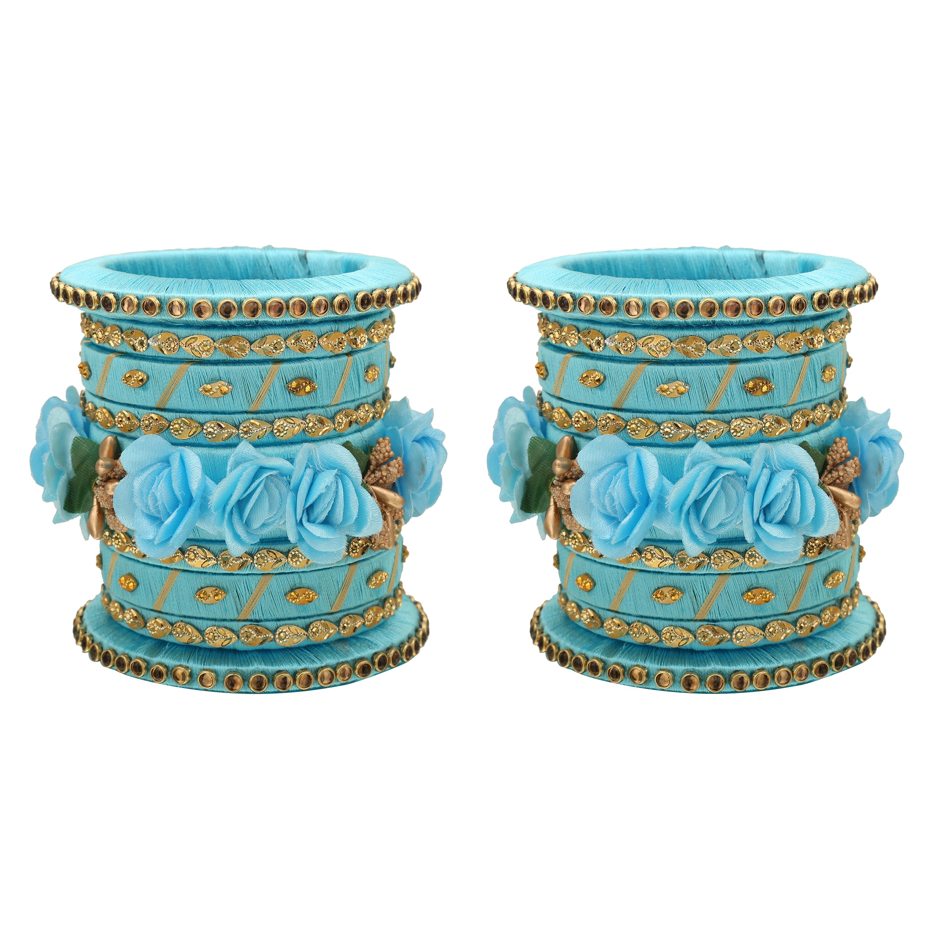 Sukriti Stylish Handmade Sky-blue Flower Designer Silk thread Plastic Bridal Chuda Wedding Bangles for Women – Set of 18