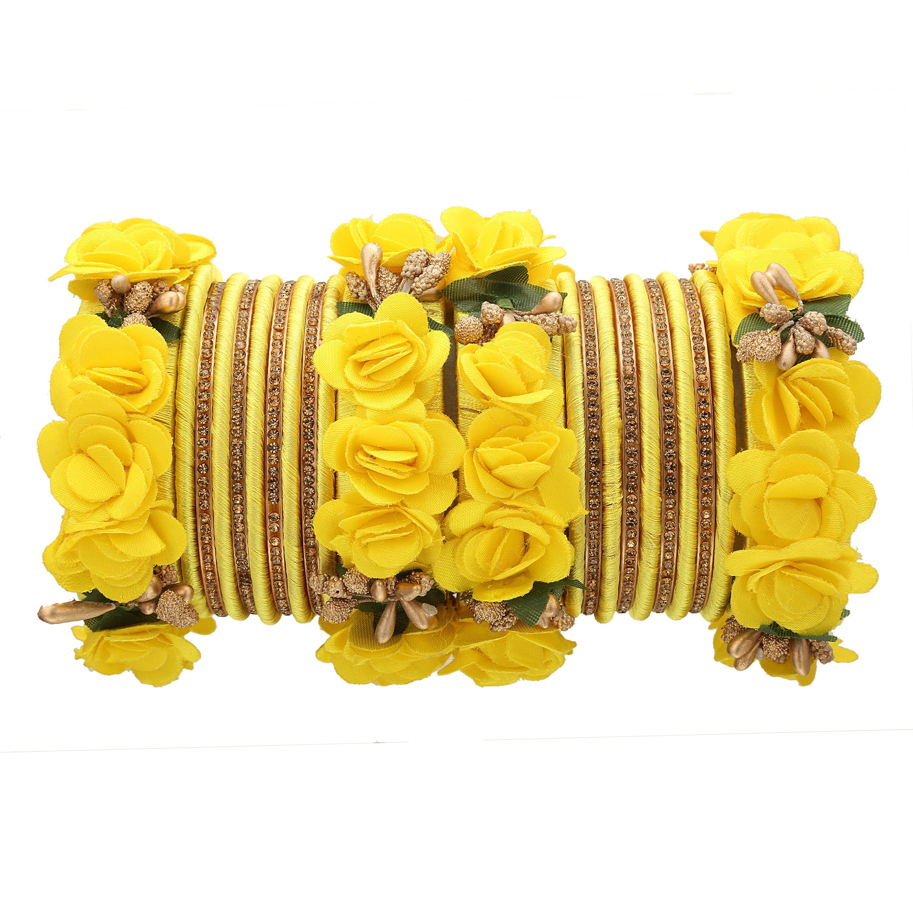 Sukriti Beautiful Handcrafted LemonYellow Flower Designer Silk thread Bridal Chuda Wedding Bangles for Women – Set of 22