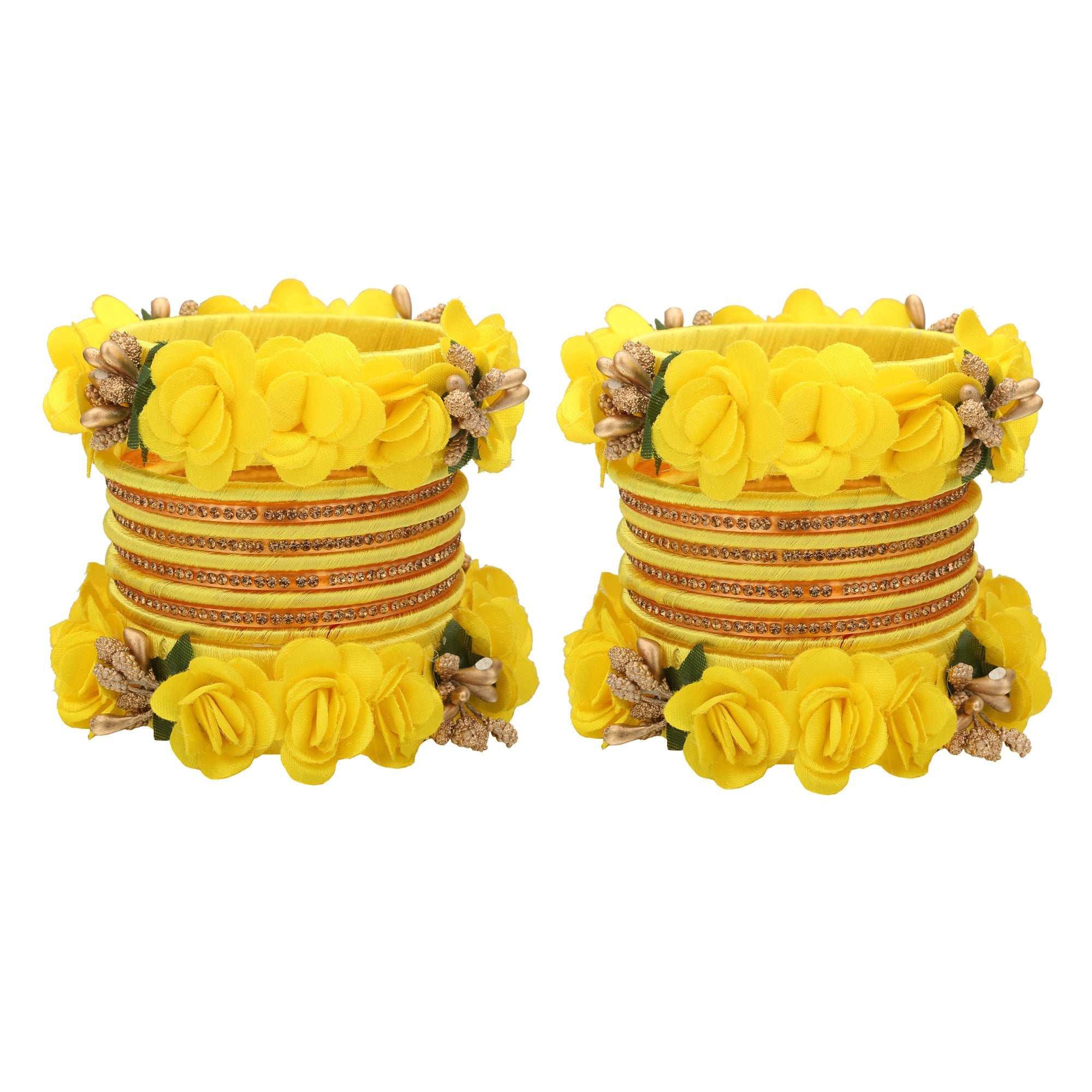 Sukriti Beautiful Handcrafted LemonYellow Flower Designer Silk thread Bridal Chuda Wedding Bangles for Women – Set of 22