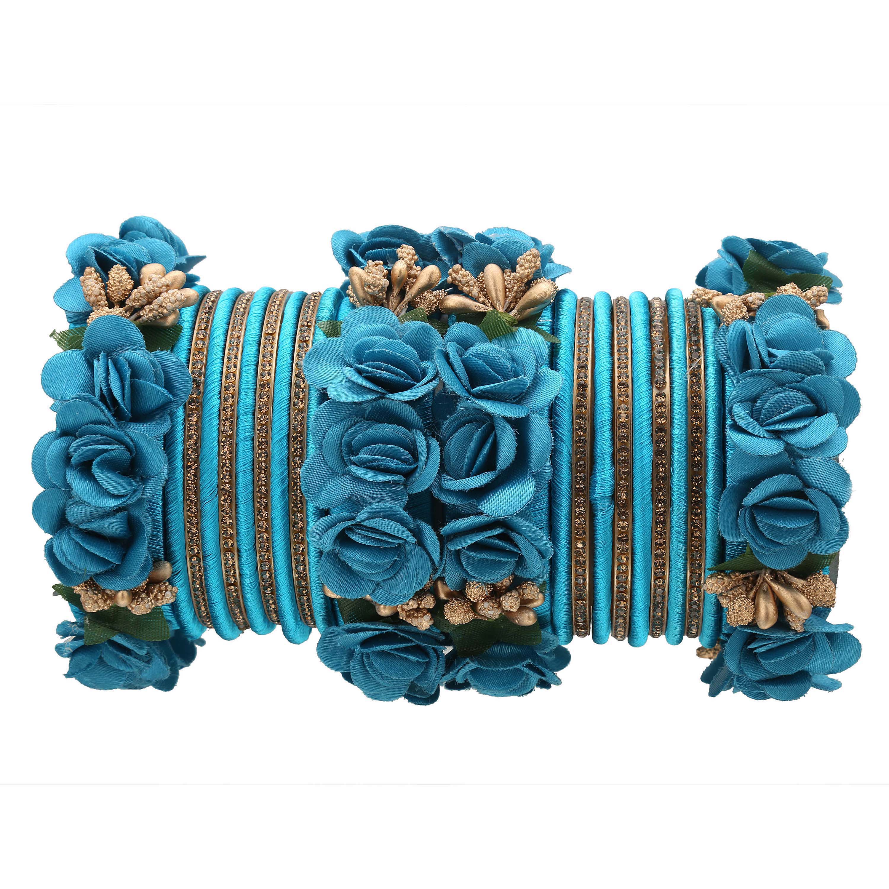 Sukriti Beautiful Handcrafted Seagreen Flower Designer Silk thread Bridal Chuda Wedding Bangles for Women – Set of 22