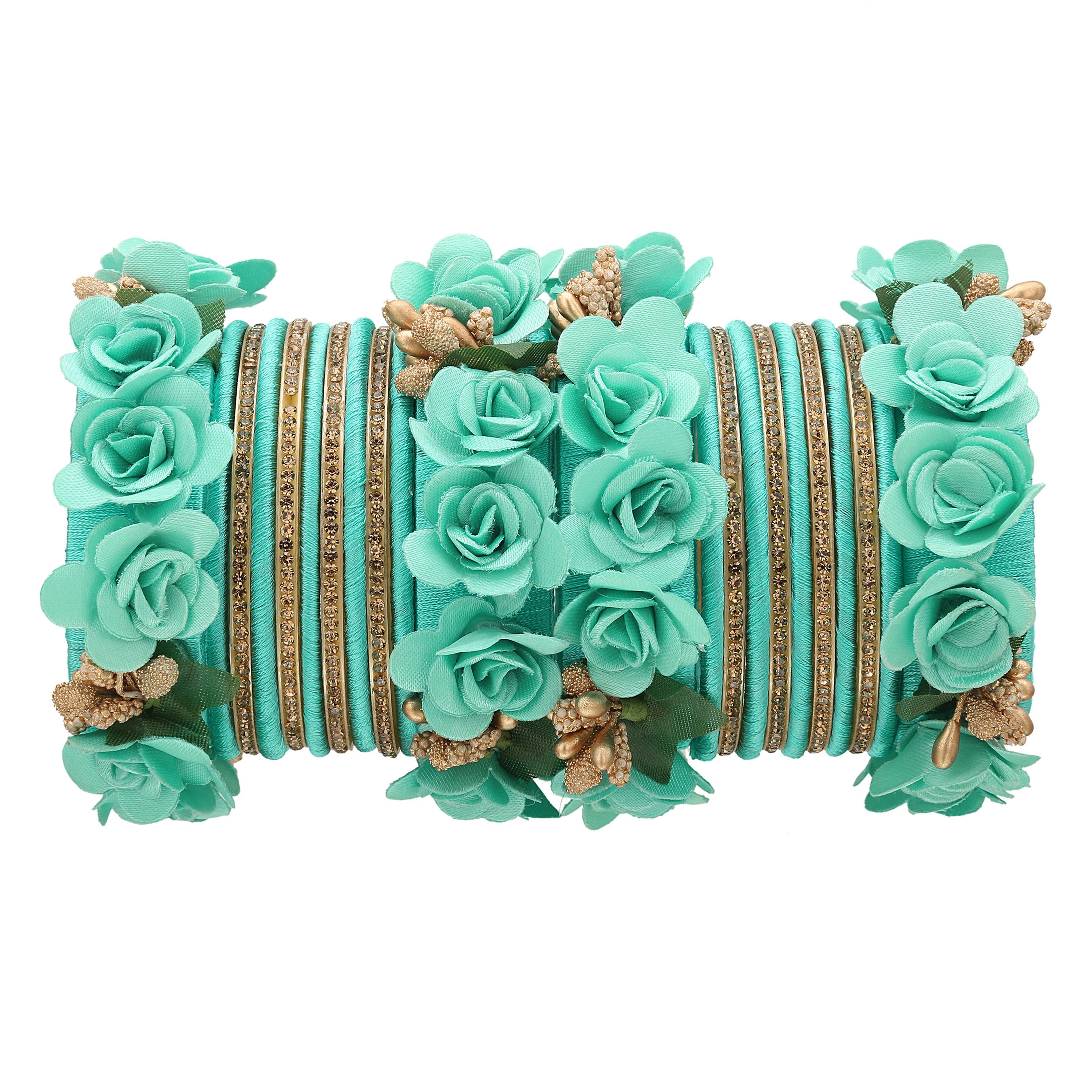Sukriti Beautiful Handcrafted Turquoise Flower Designer Silk thread Bridal Chuda Wedding Bangles for Women – Set of 22