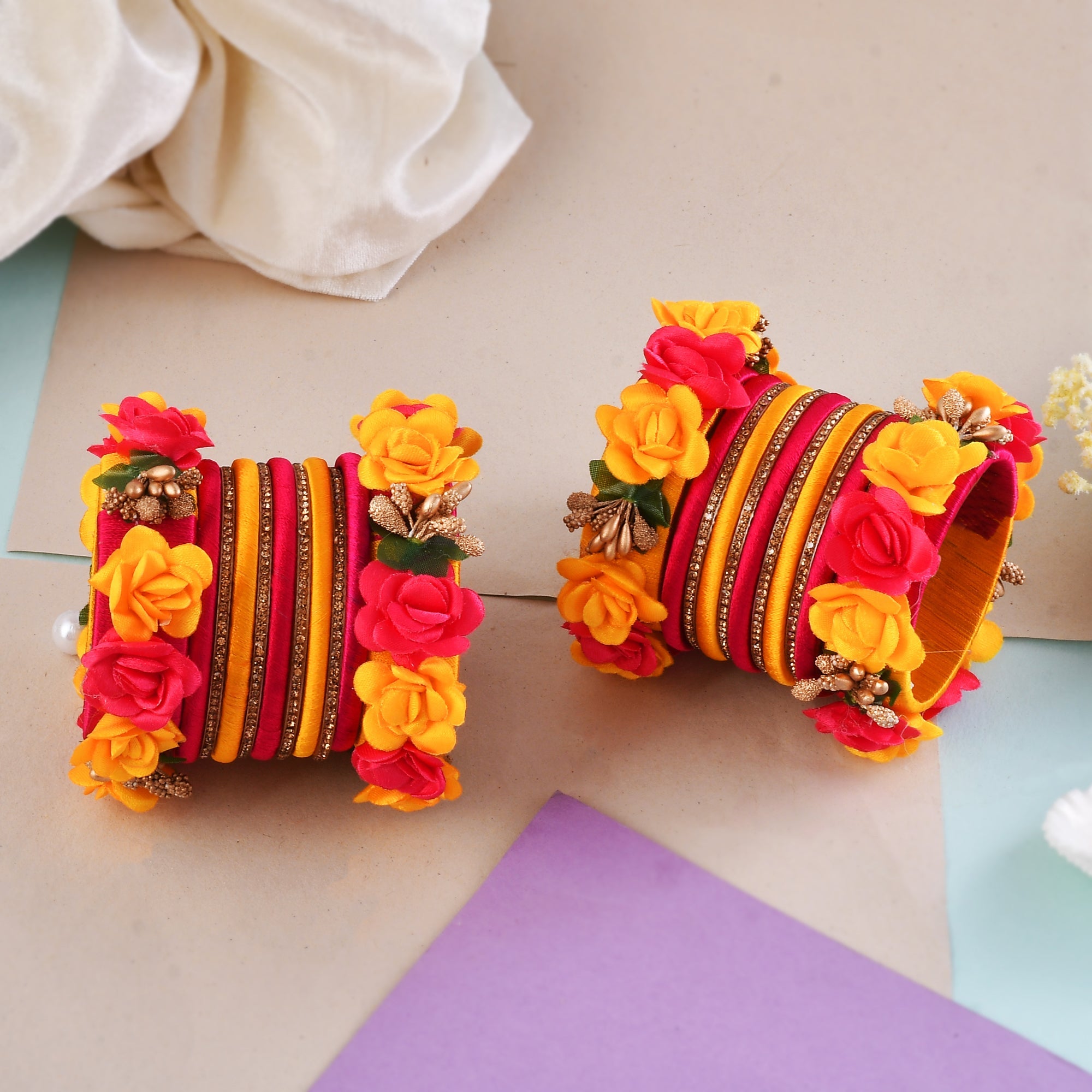 Sukriti Beautiful Handcrafted YellowMagenta Flower Designer Silk thread Bridal Chuda Wedding Bangles for Women – Set of 22