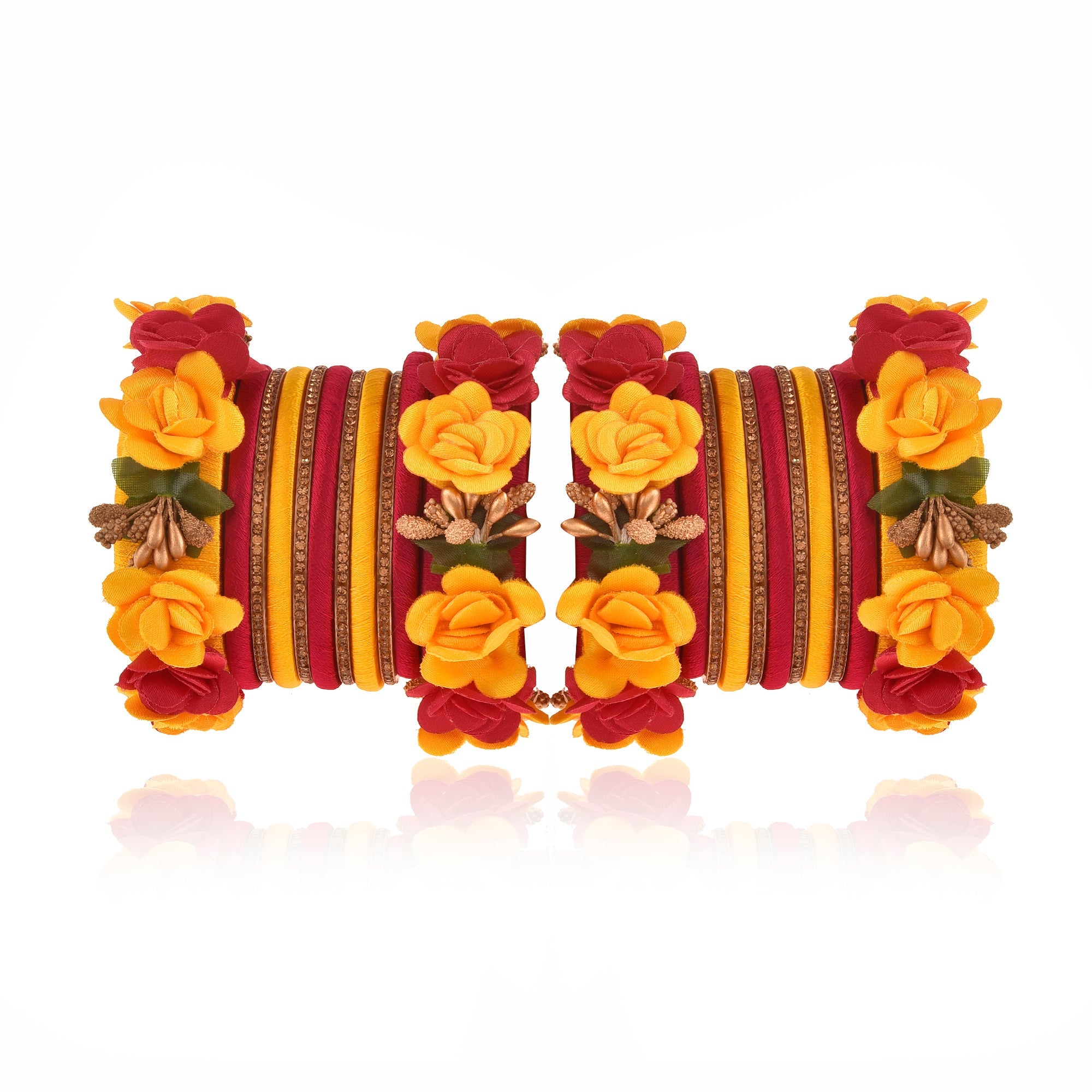 Sukriti Beautiful Handcrafted YellowMagenta Flower Designer Silk thread Bridal Chuda Wedding Bangles for Women – Set of 22