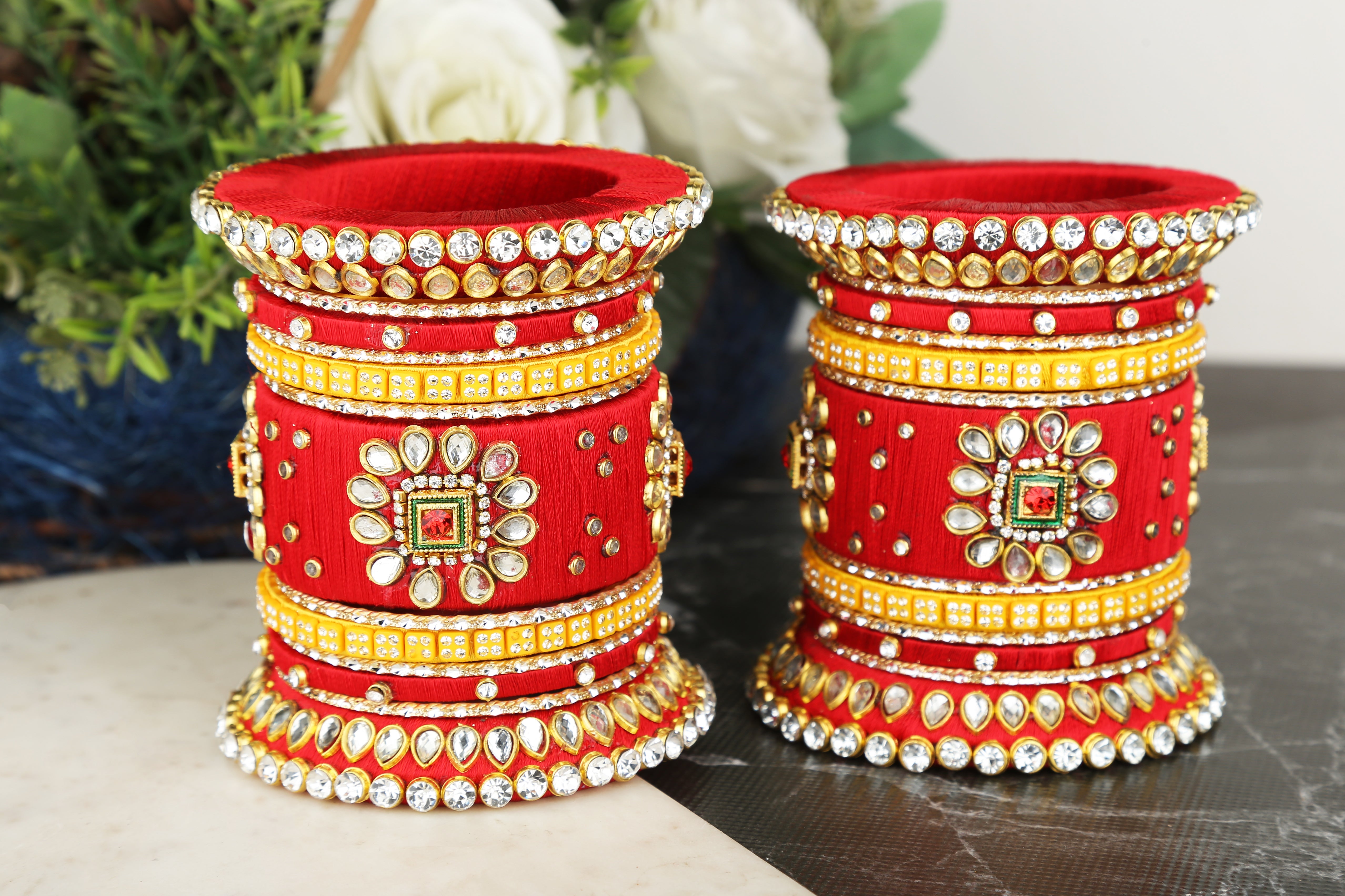 Sukriti Silk Thread Fabric Stone/Kundan studded Chura/Chuda Dhalu Style Handmade Wedding Red Bangle for Women & Girls - Set of 26