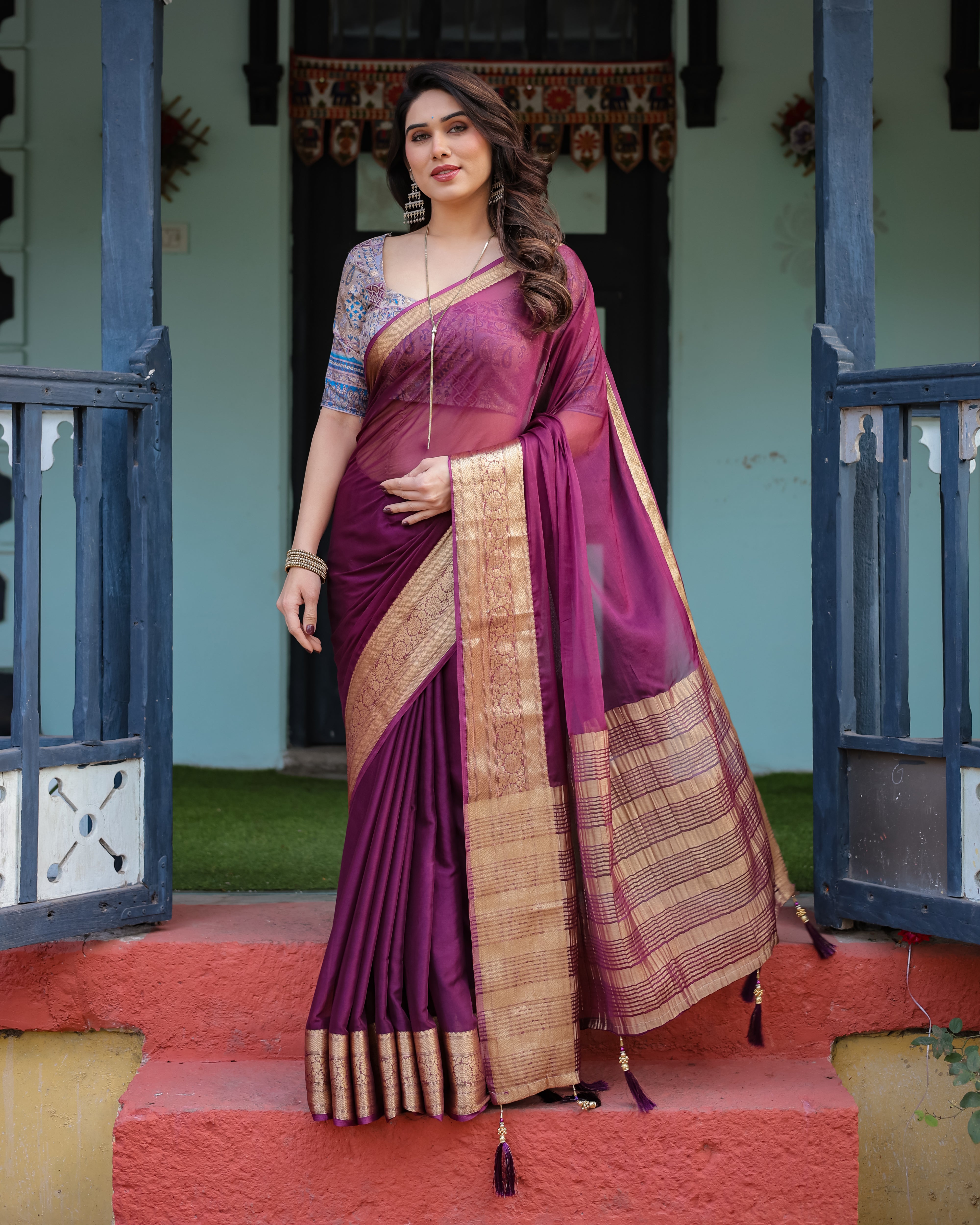 Majestic Plum Plain Chifi Bfon Saree with Gold Zarorder, Printed Designer Blouse & Tassel Detailing