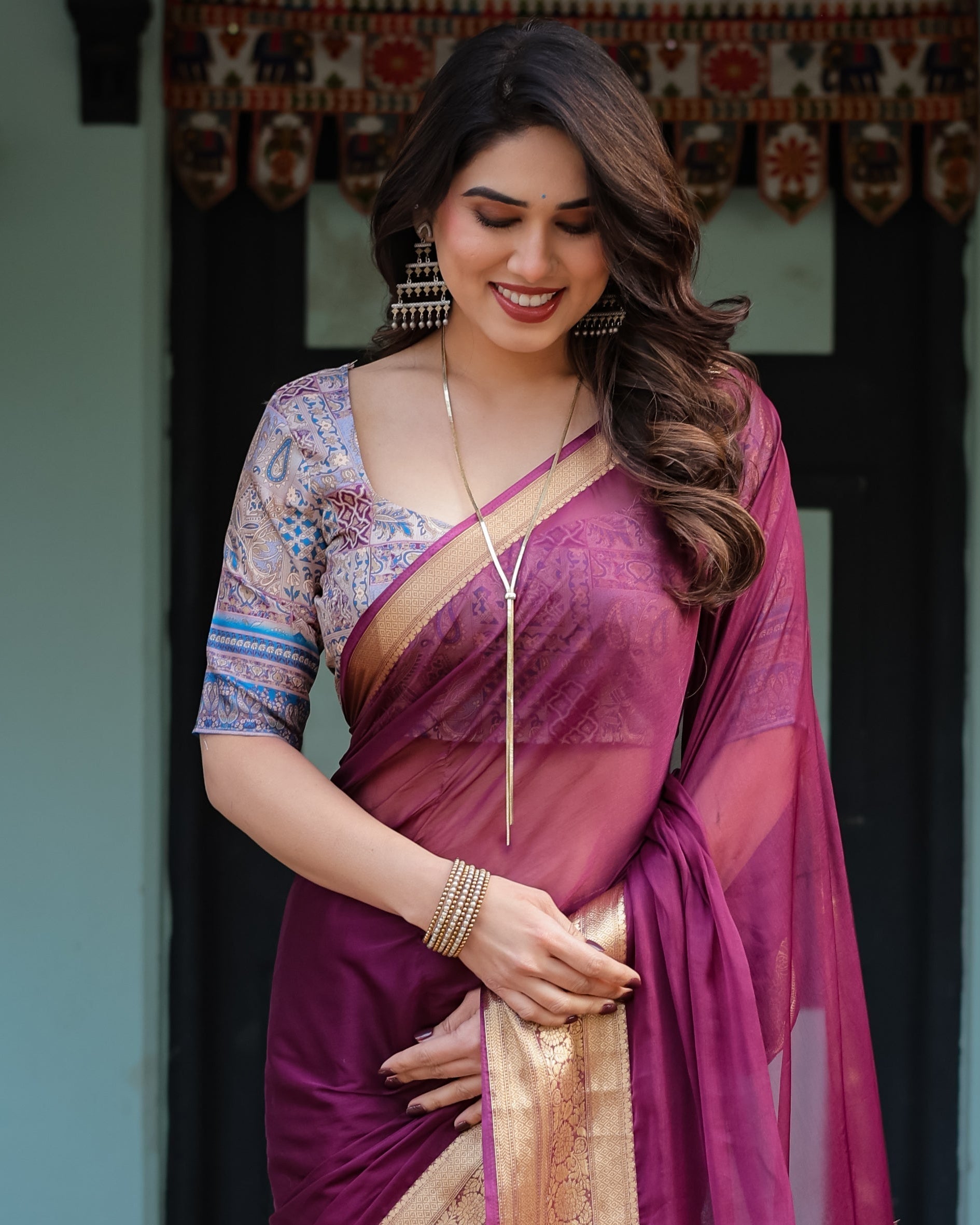 Majestic Plum Plain Chifi Bfon Saree with Gold Zarorder, Printed Designer Blouse & Tassel Detailing