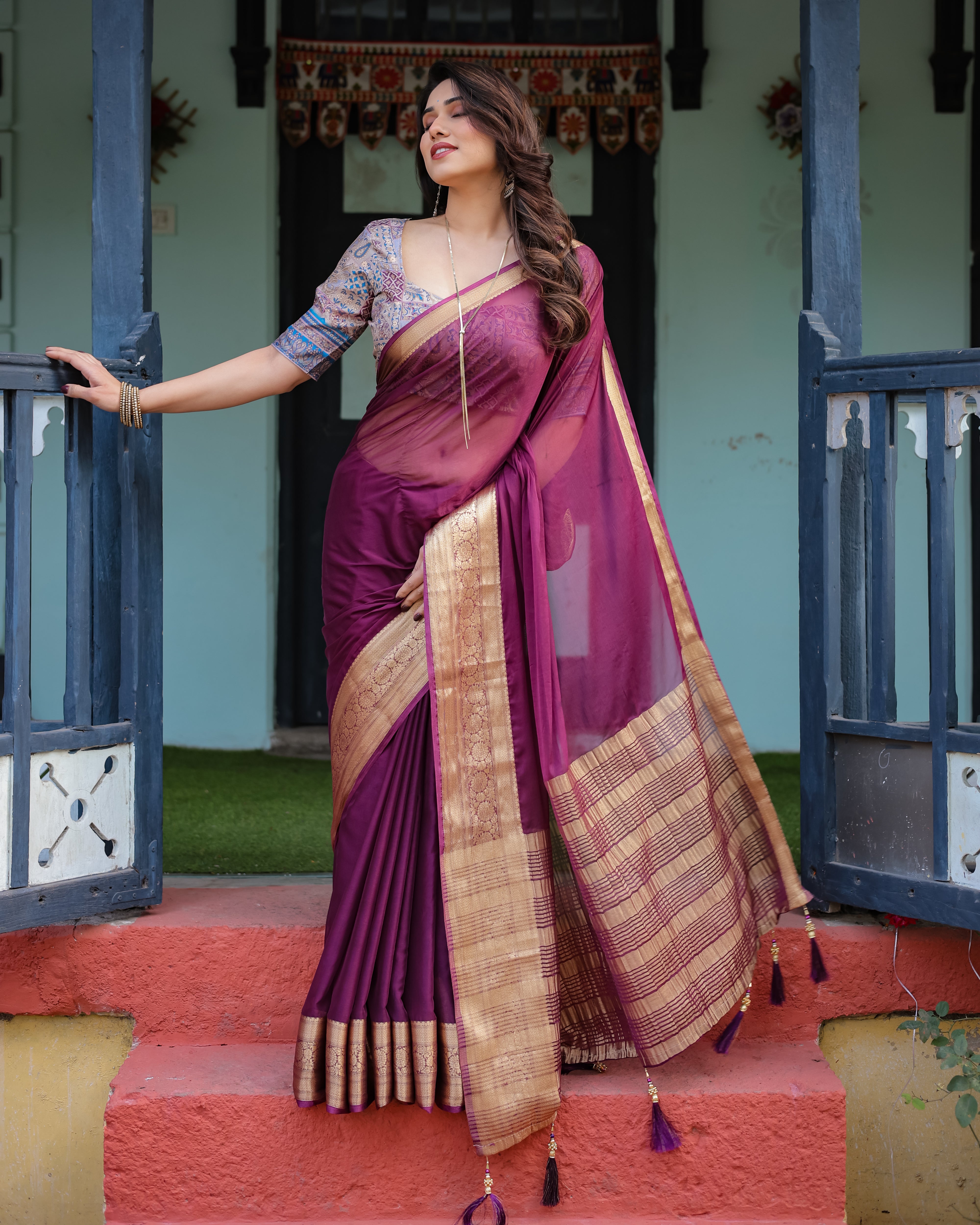 Majestic Plum Plain Chifi Bfon Saree with Gold Zarorder, Printed Designer Blouse & Tassel Detailing