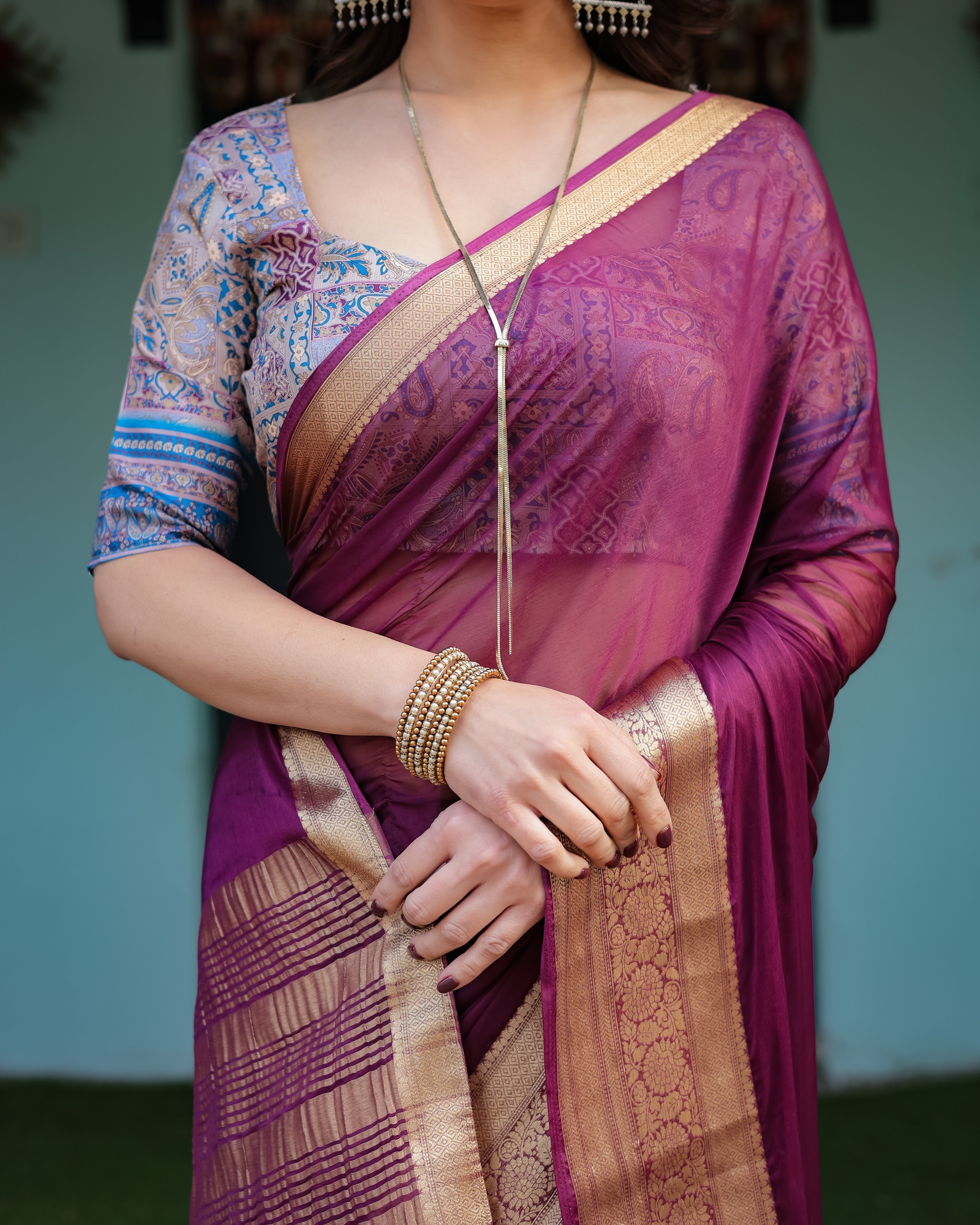Majestic Plum Plain Chifi Bfon Saree with Gold Zarorder, Printed Designer Blouse & Tassel Detailing