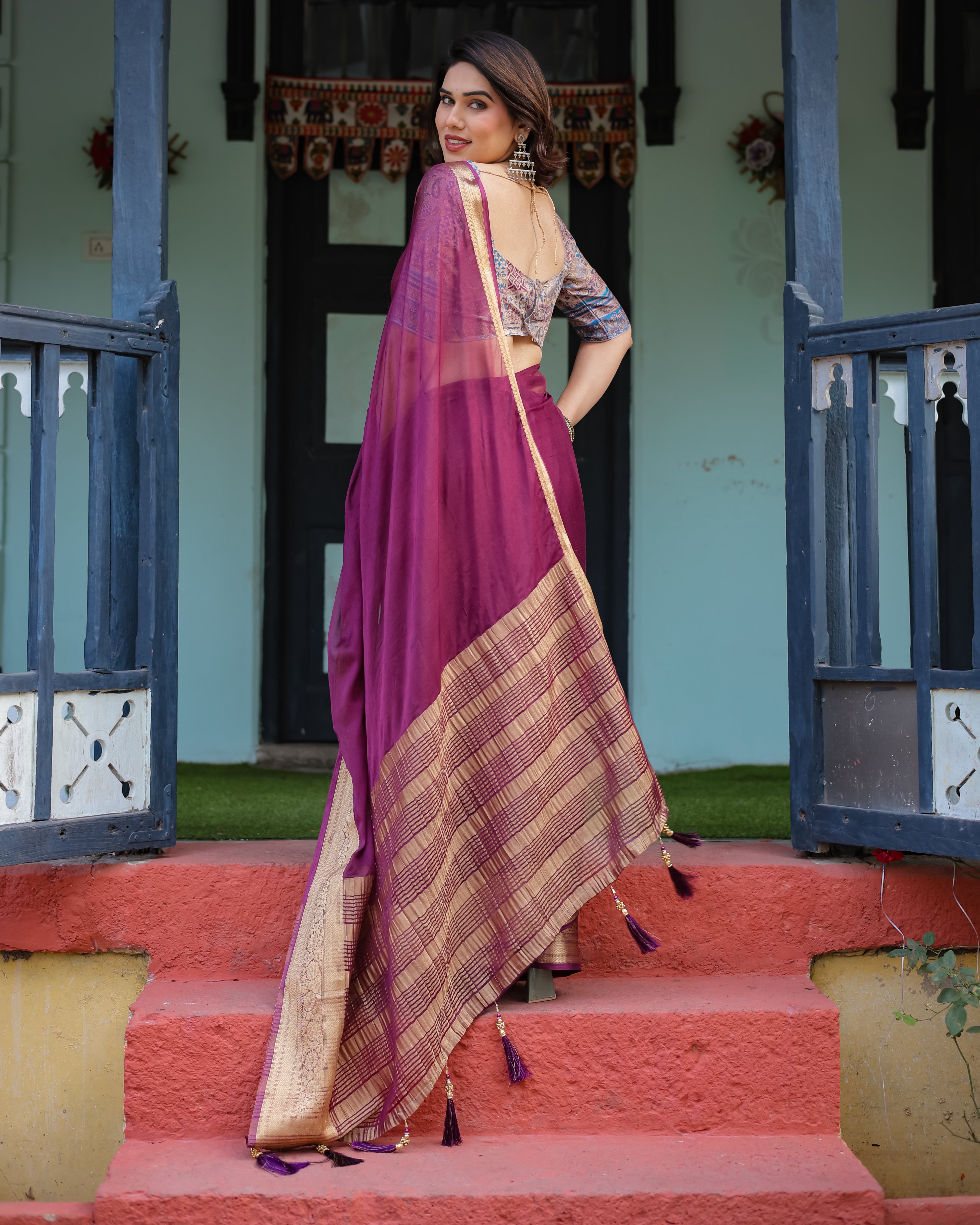 Majestic Plum Plain Chifi Bfon Saree with Gold Zarorder, Printed Designer Blouse & Tassel Detailing