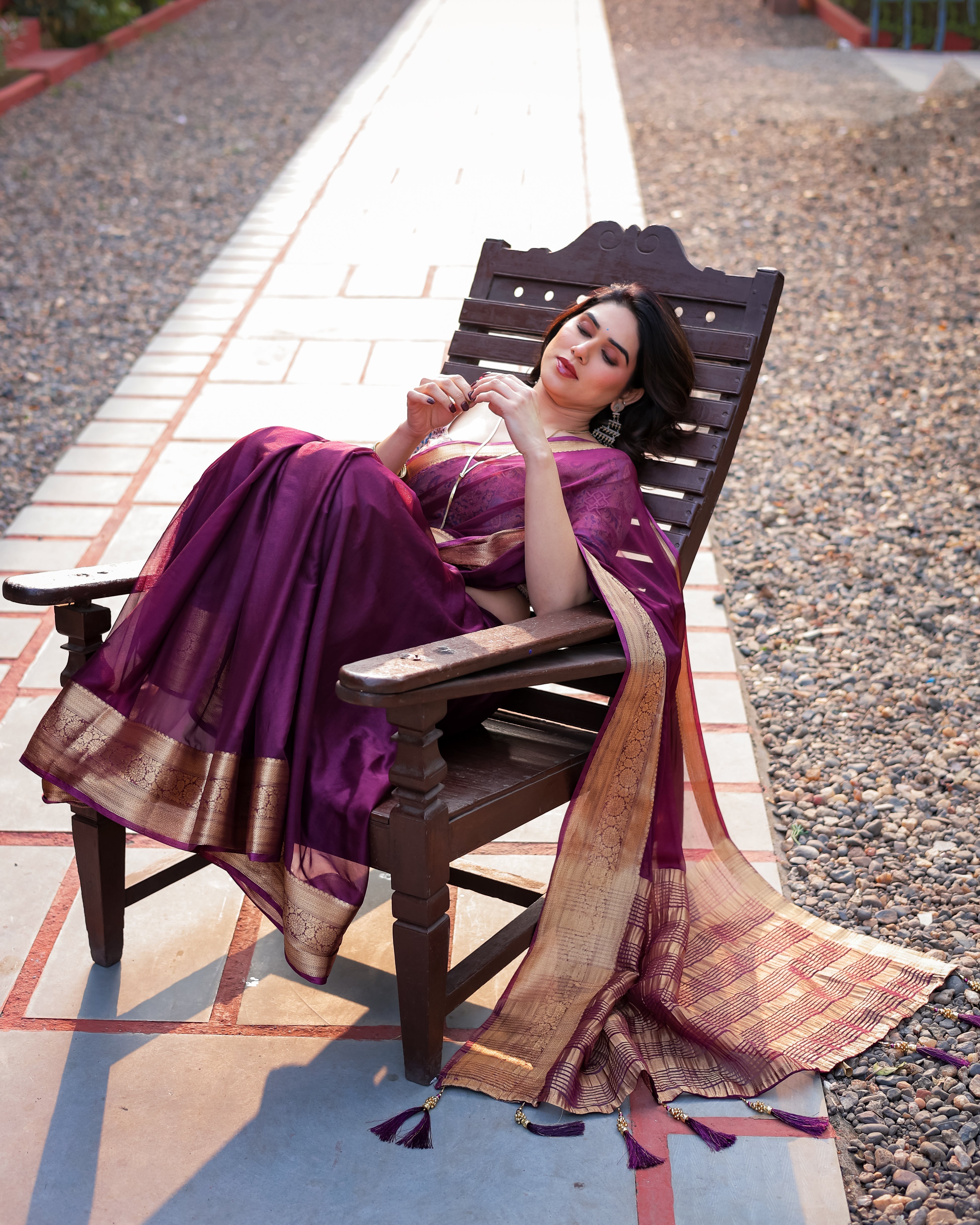 Majestic Plum Plain Chifi Bfon Saree with Gold Zarorder, Printed Designer Blouse & Tassel Detailing