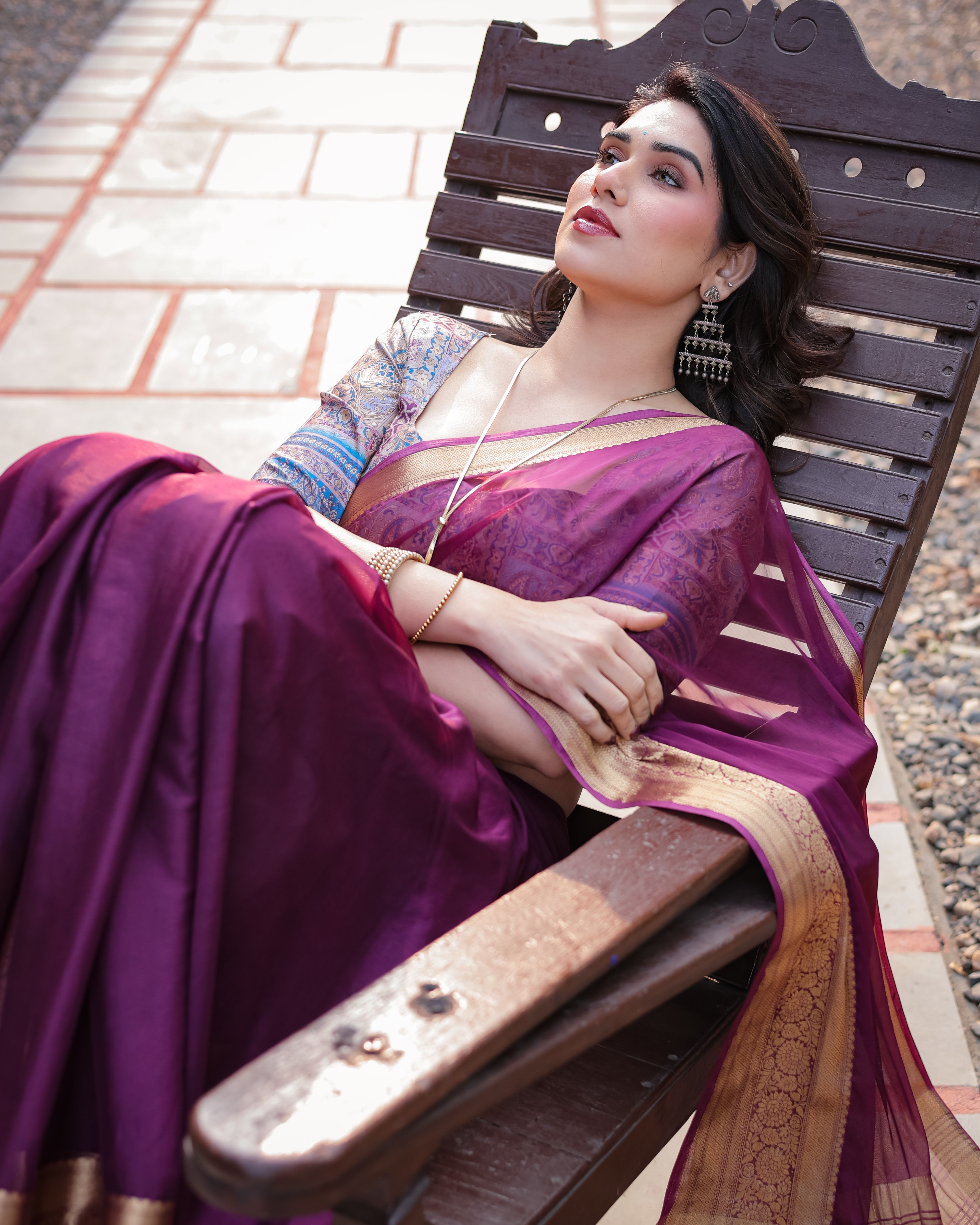 Majestic Plum Plain Chifi Bfon Saree with Gold Zarorder, Printed Designer Blouse & Tassel Detailing