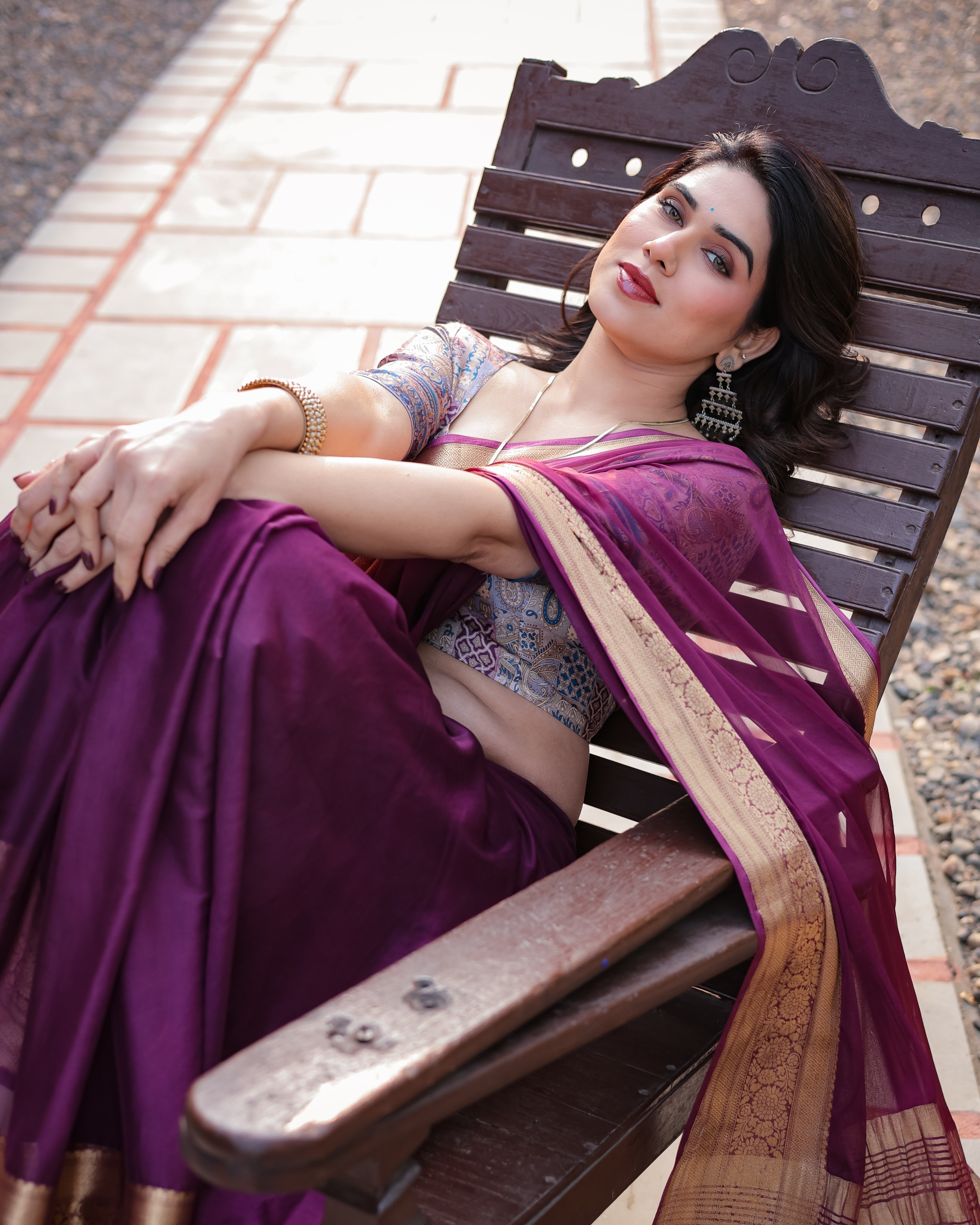 Majestic Plum Plain Chifi Bfon Saree with Gold Zarorder, Printed Designer Blouse & Tassel Detailing