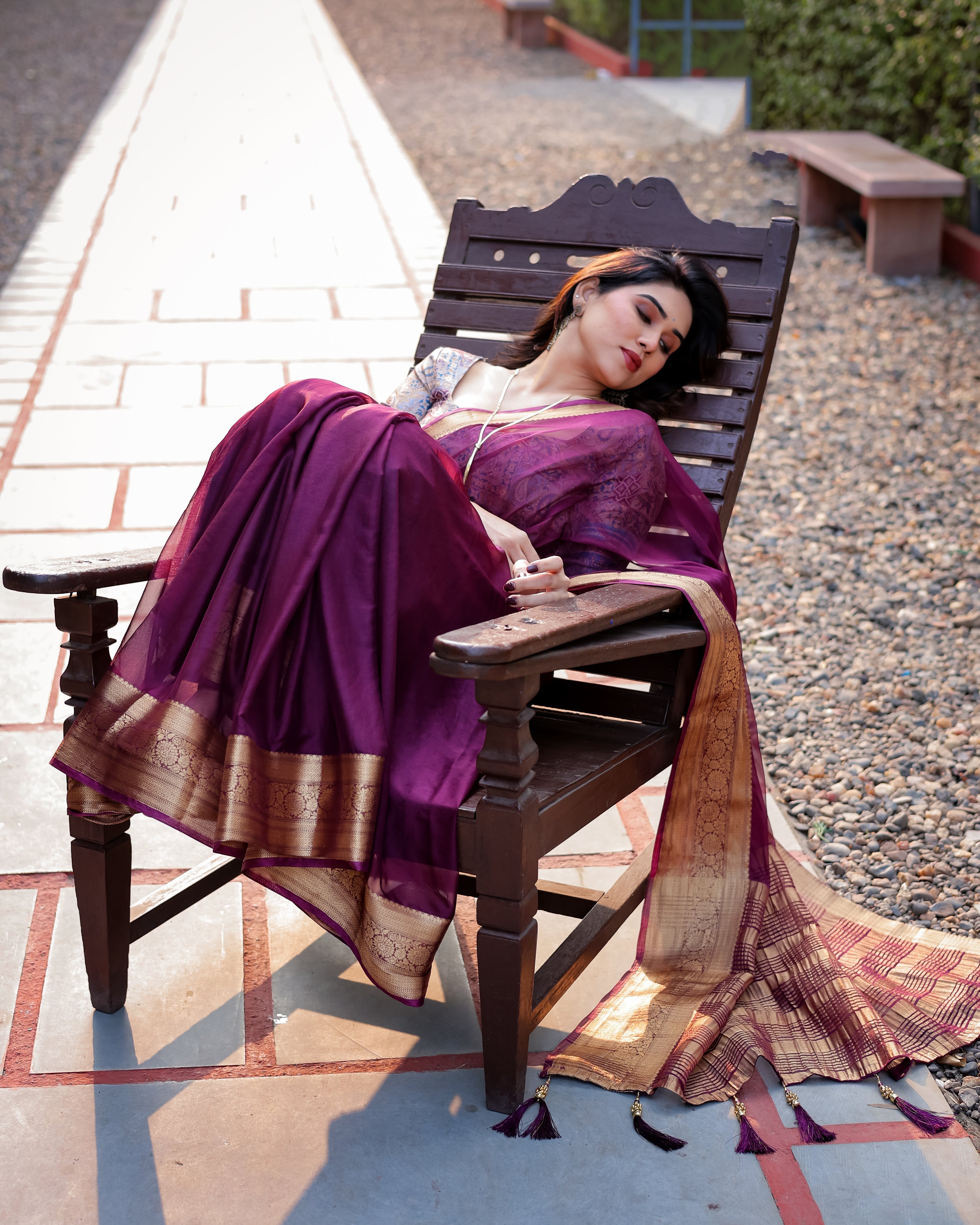 Majestic Plum Plain Chifi Bfon Saree with Gold Zarorder, Printed Designer Blouse & Tassel Detailing