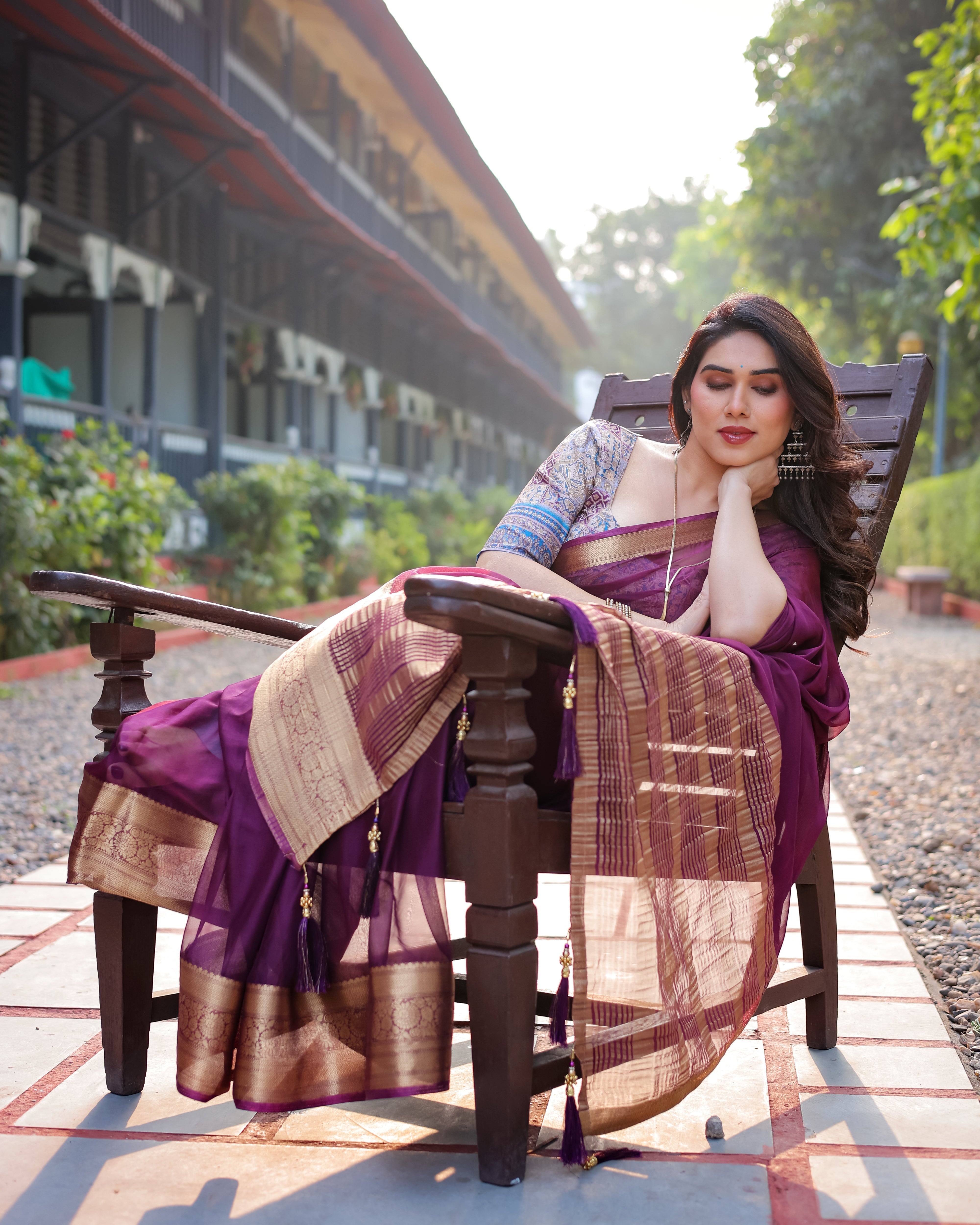 Majestic Plum Plain Chifi Bfon Saree with Gold Zarorder, Printed Designer Blouse & Tassel Detailing