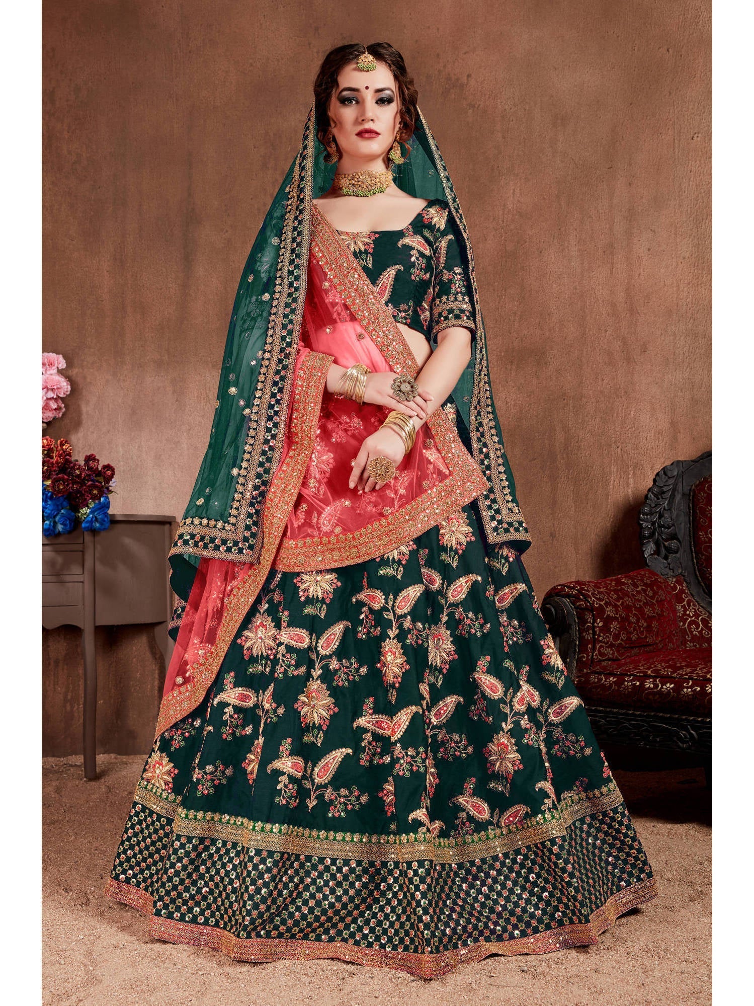 Ethnic Dark Green Colored Bridal Wear Designer Embroidered Lehenga choli